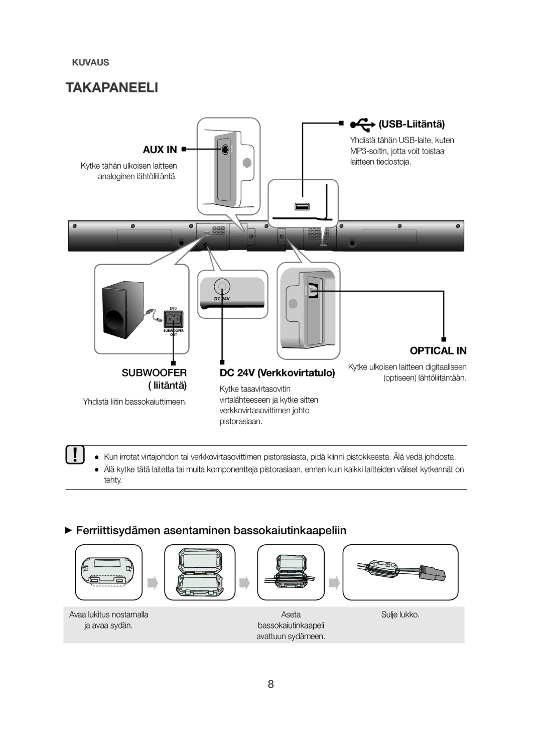 Samsung HW-J365/XE manual Takapaneeli, ++Ferriittisydämen asentaminen bassokaiutinkaapeliin, Kytke tasavirtasovitin 