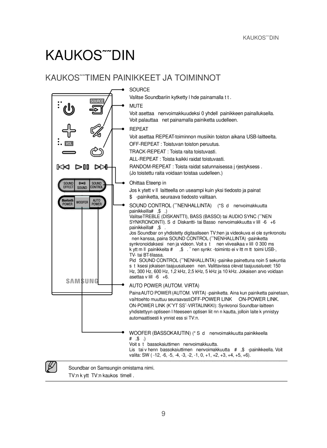 Samsung HW-J365/XE manual Kaukosäädin, Kaukosäätimen Painikkeet JA Toiminnot, Ohittaa Eteenpäin 