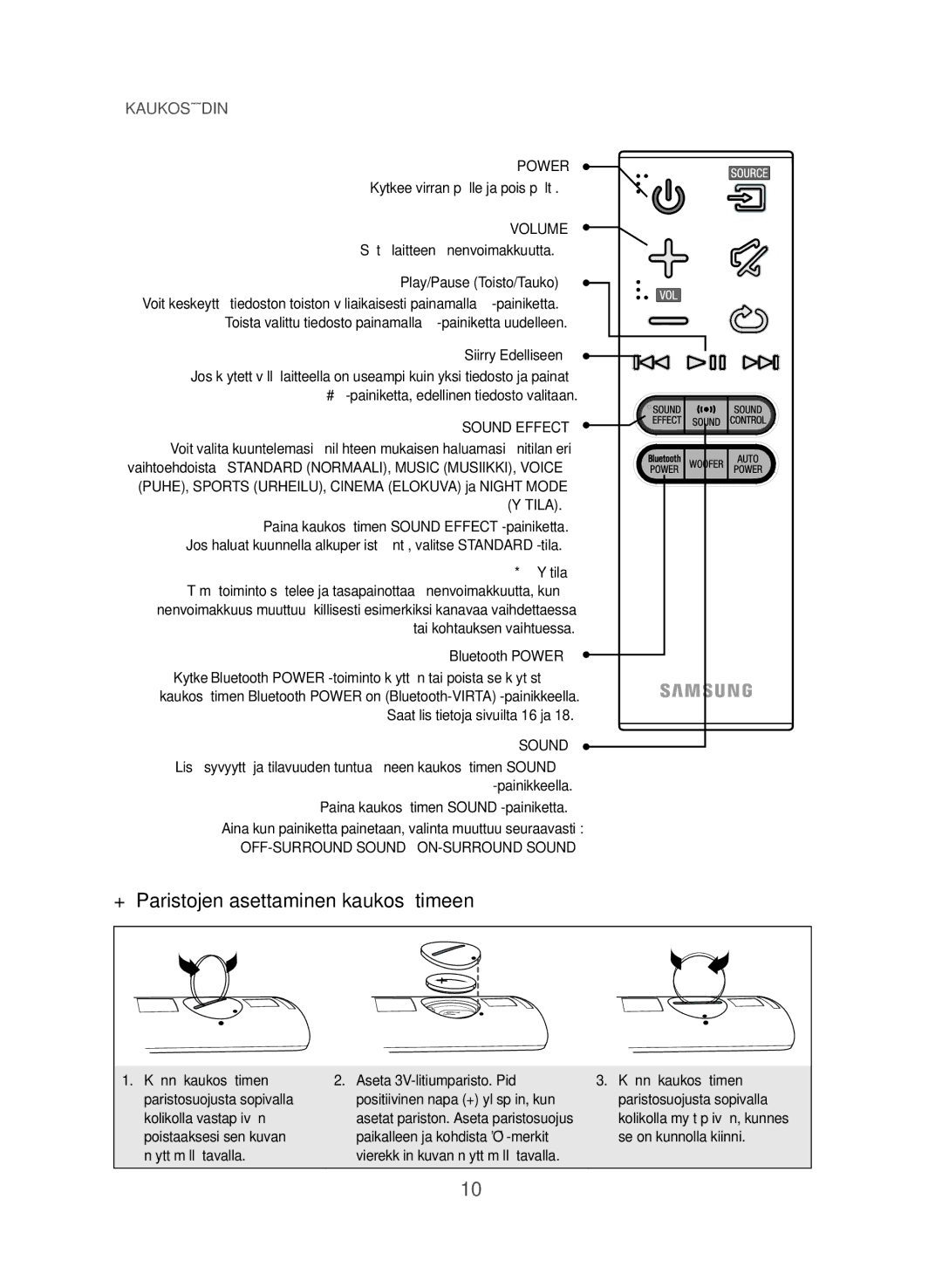 Samsung HW-J365/XE ++Paristojen asettaminen kaukosäätimeen, Säätää laitteen äänenvoimakkuutta, Play/Pause Toisto/Tauko 