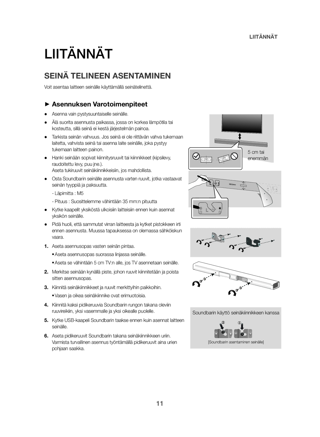 Samsung HW-J365/XE manual Liitännät, Seinä Telineen Asentaminen, ++Asennuksen Varotoimenpiteet 