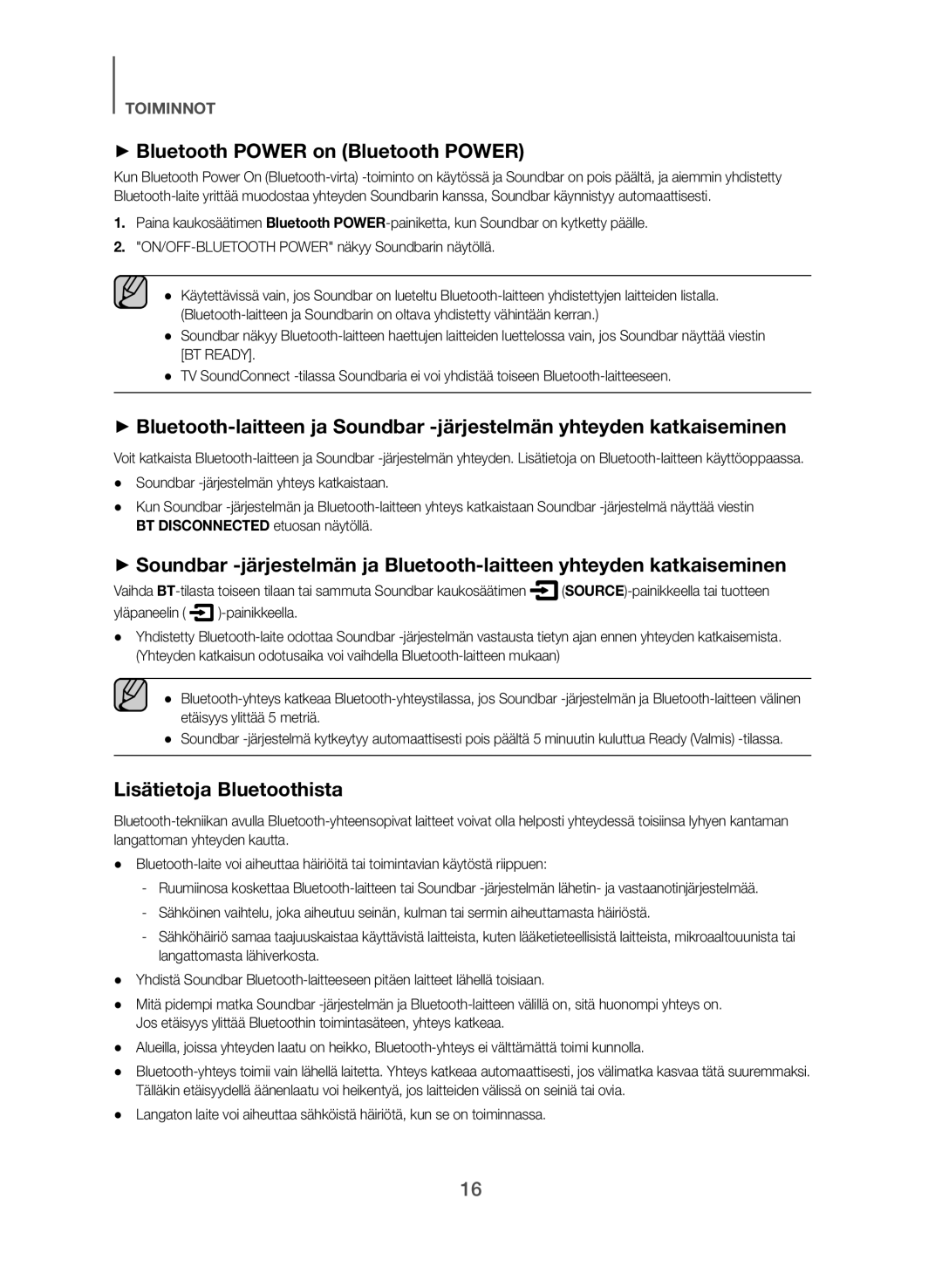 Samsung HW-J365/XE manual ++Bluetooth Power on Bluetooth Power, Lisätietoja Bluetoothista 