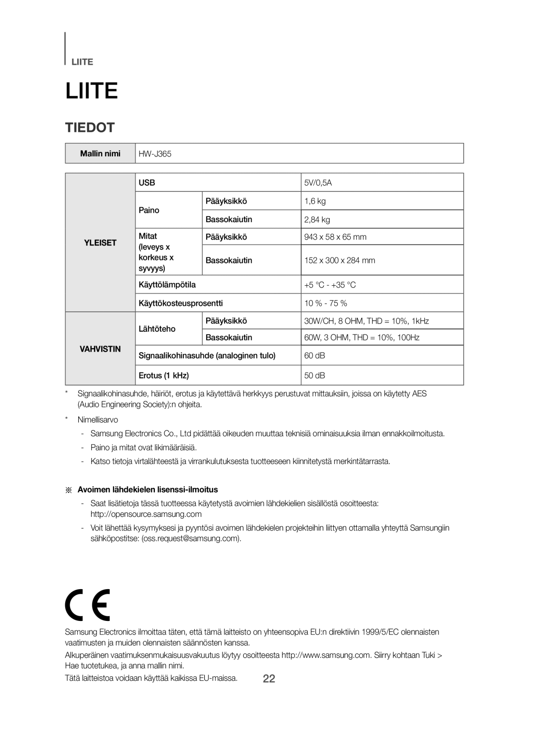 Samsung HW-J365/XE manual Liite, Tiedot, Mallin nimi, Paino Pääyksikkö Bassokaiutin 84 kg 