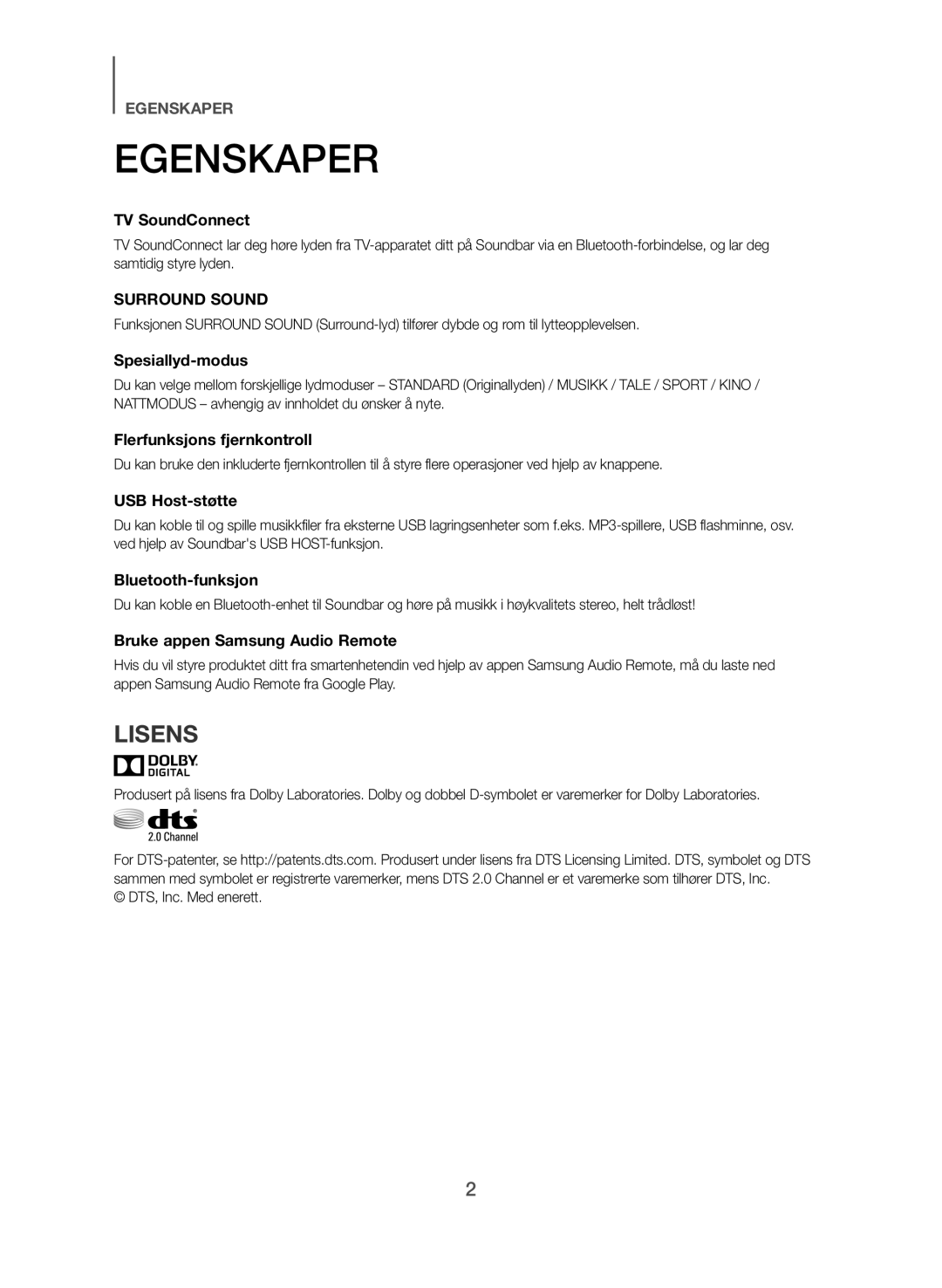 Samsung HW-J365/XE manual Lisens, DTS, Inc. Med enerett 