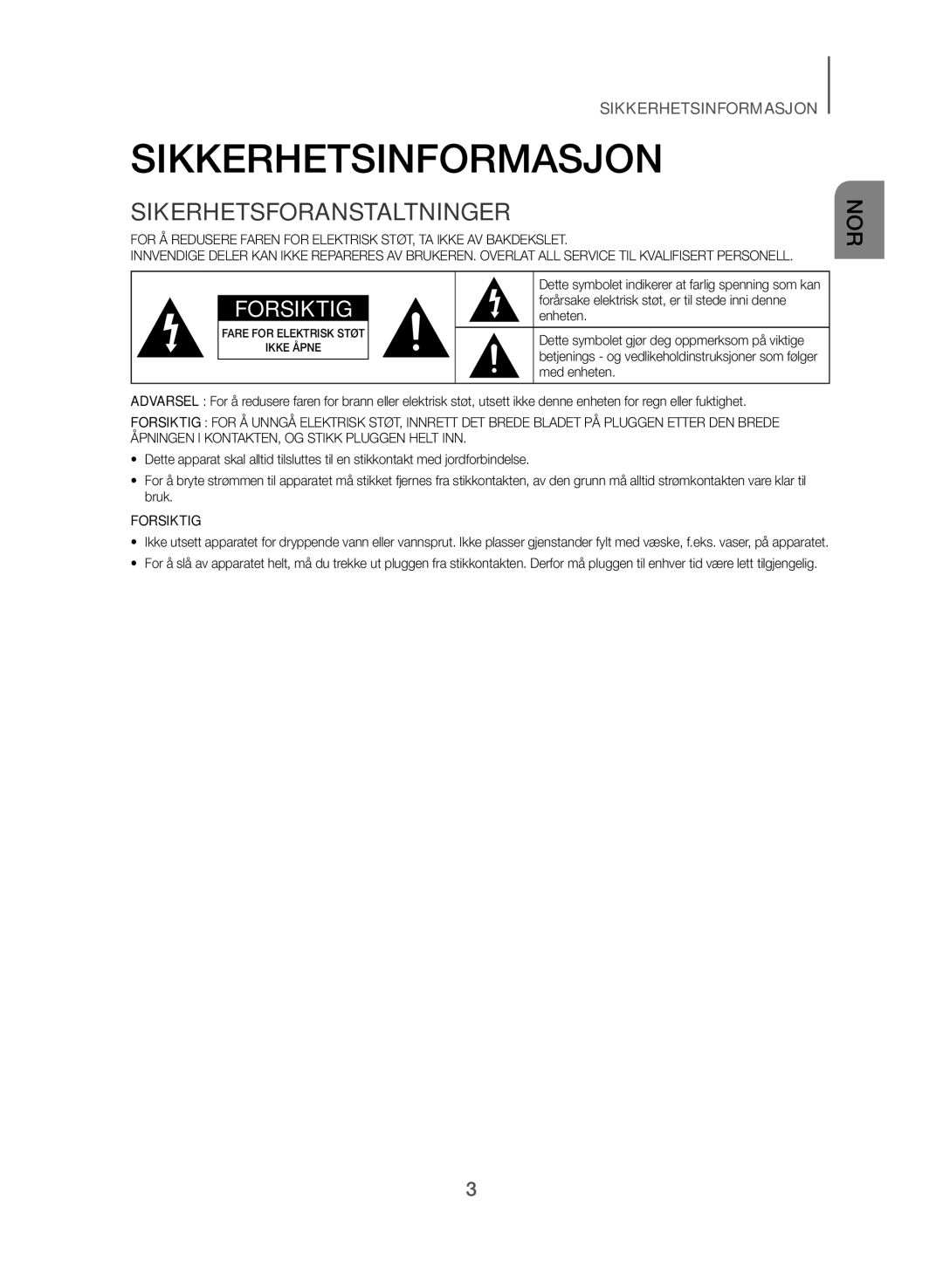 Samsung HW-J365/XE manual Sikkerhetsinformasjon, Sikerhetsforanstaltninger 