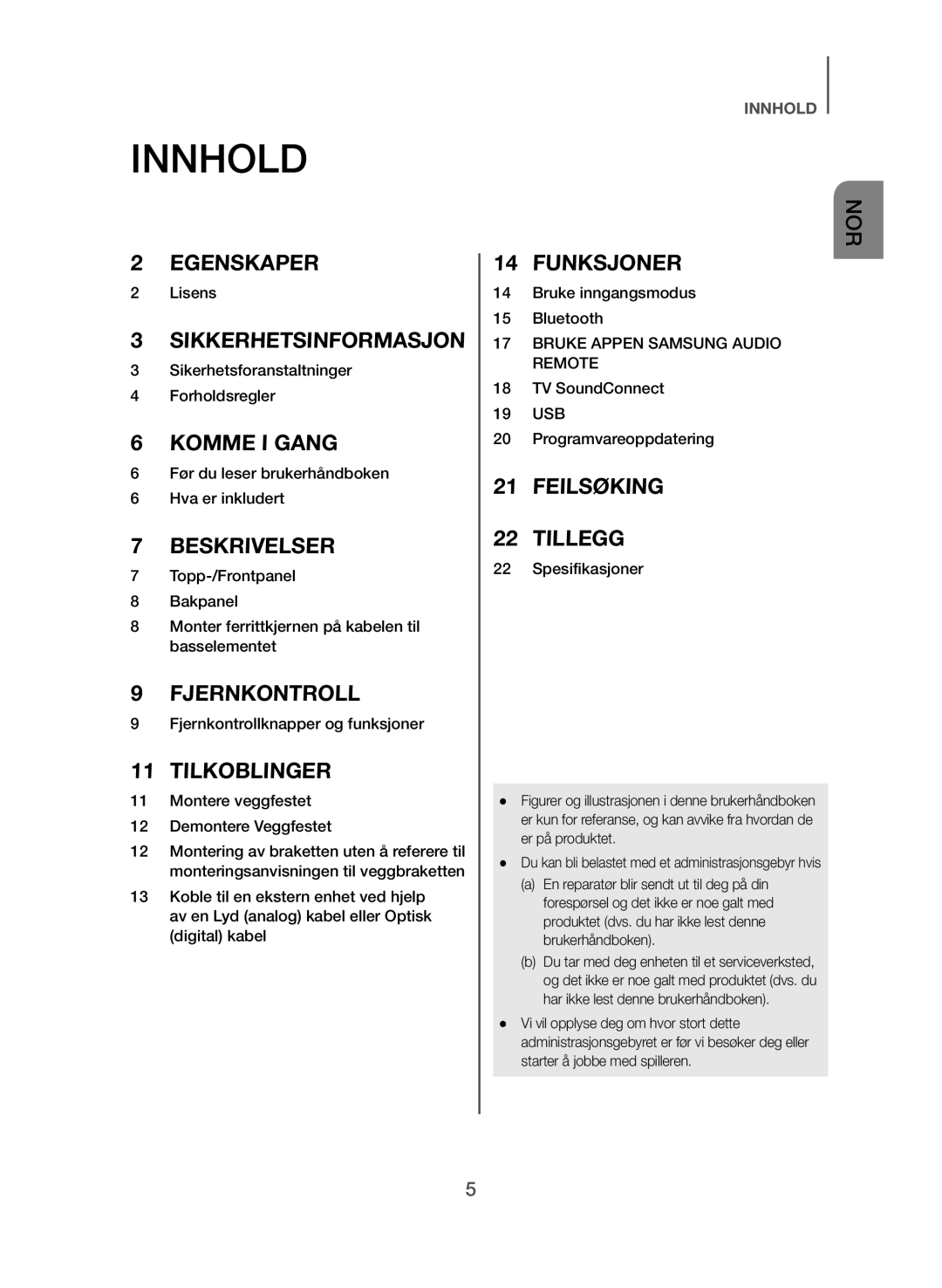 Samsung HW-J365/XE manual Innhold, Tilkoblinger 