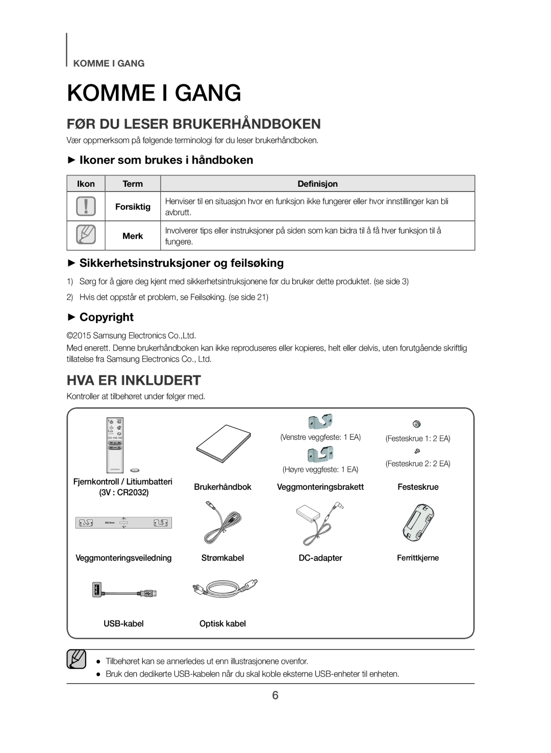 Samsung HW-J365/XE manual Komme I Gang, FØR DU Leser Brukerhåndboken, HVA ER Inkludert, ++Ikoner som brukes i håndboken 