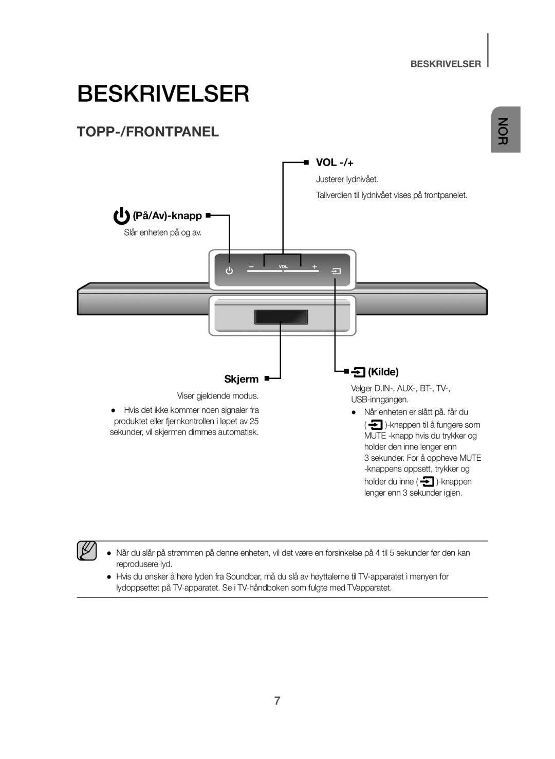 Samsung HW-J365/XE manual Topp-/Frontpanel, Slår enheten på og av, Viser gjeldende modus 