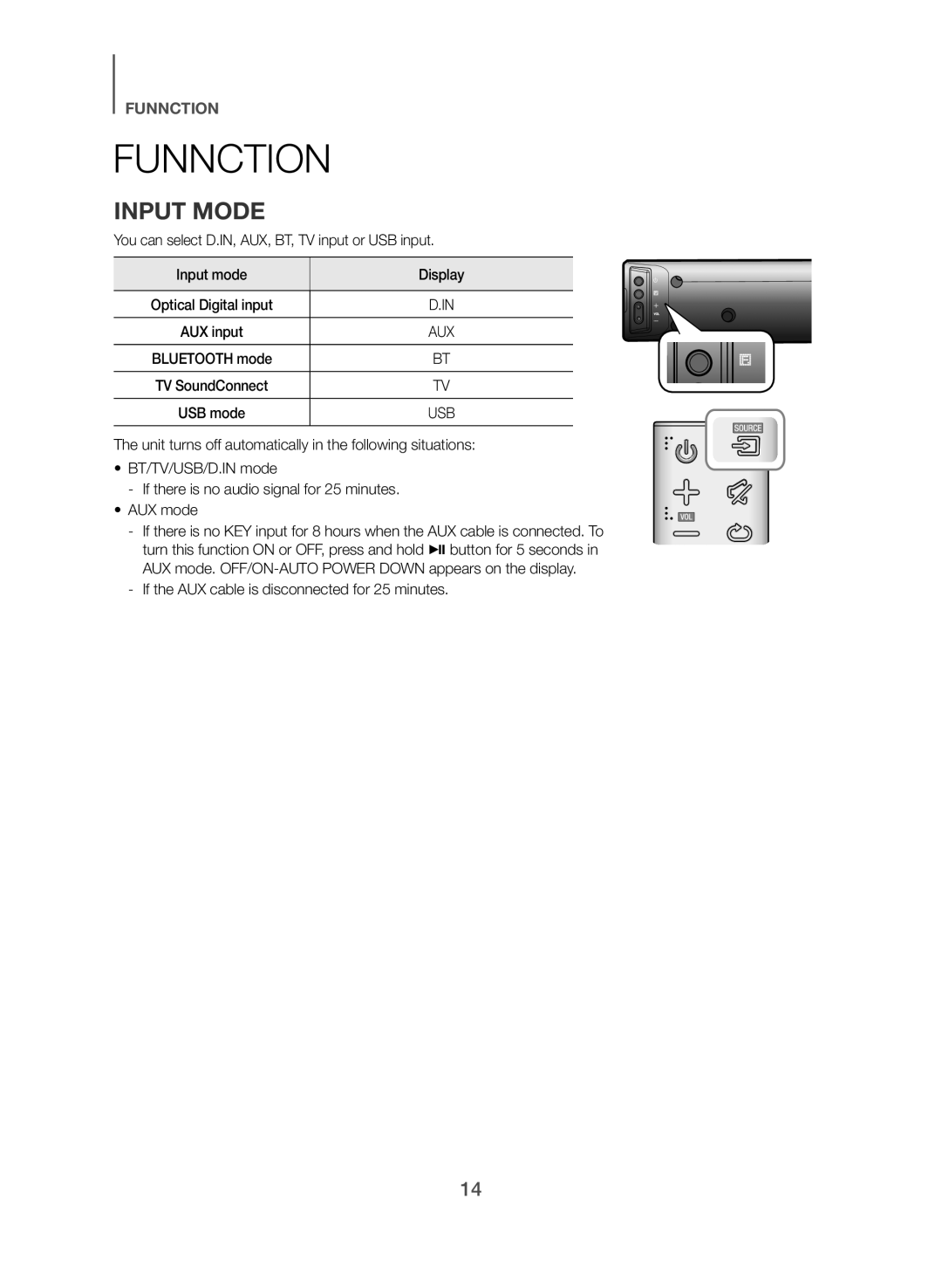 Samsung HW-J430/TK manual Funnction, Input Mode, If the AUX cable is disconnected for 25 minutes 