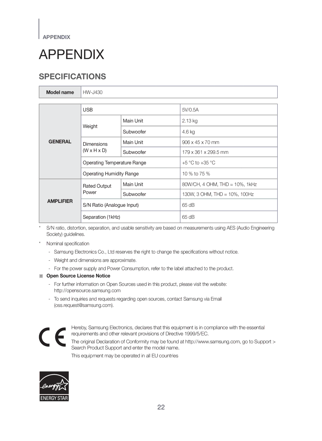 Samsung HW-J430/TK manual Appendix, Specifications, Model name 