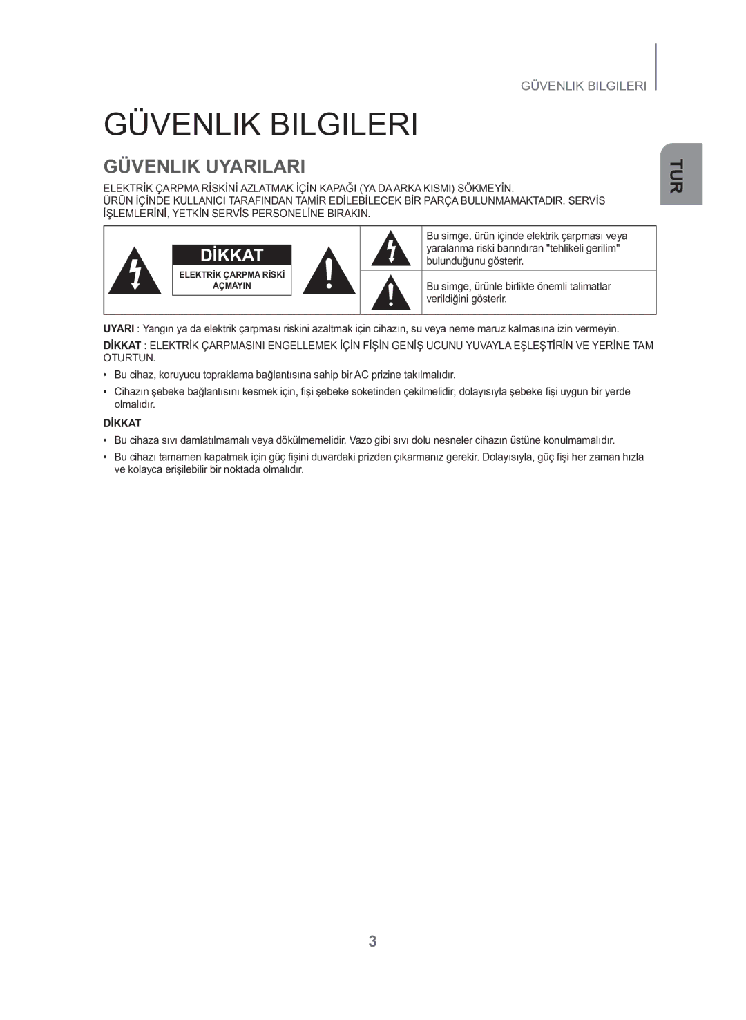 Samsung HW-J430/TK manual Güvenlik Bilgileri, Güvenlik Uyarilari 