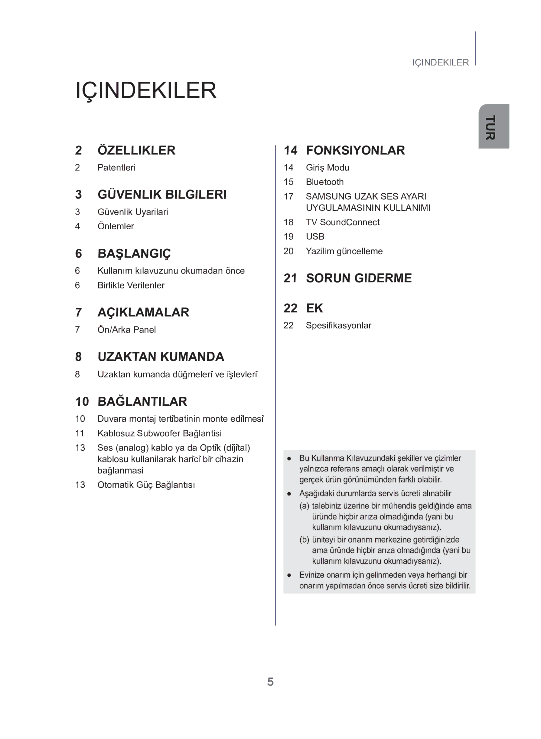 Samsung HW-J430/TK manual Içindekiler, Aşağıdaki durumlarda servis ücreti alınabilir 