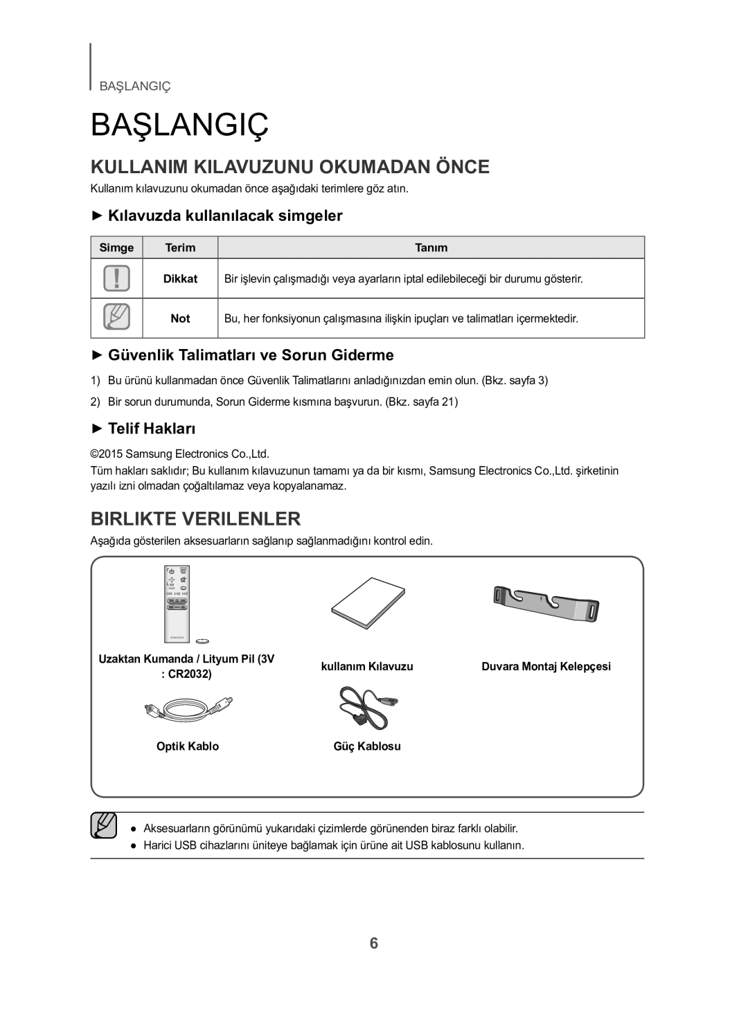 Samsung HW-J430/TK manual Başlangiç, Kullanim Kilavuzunu Okumadan Önce, Birlikte Verilenler 