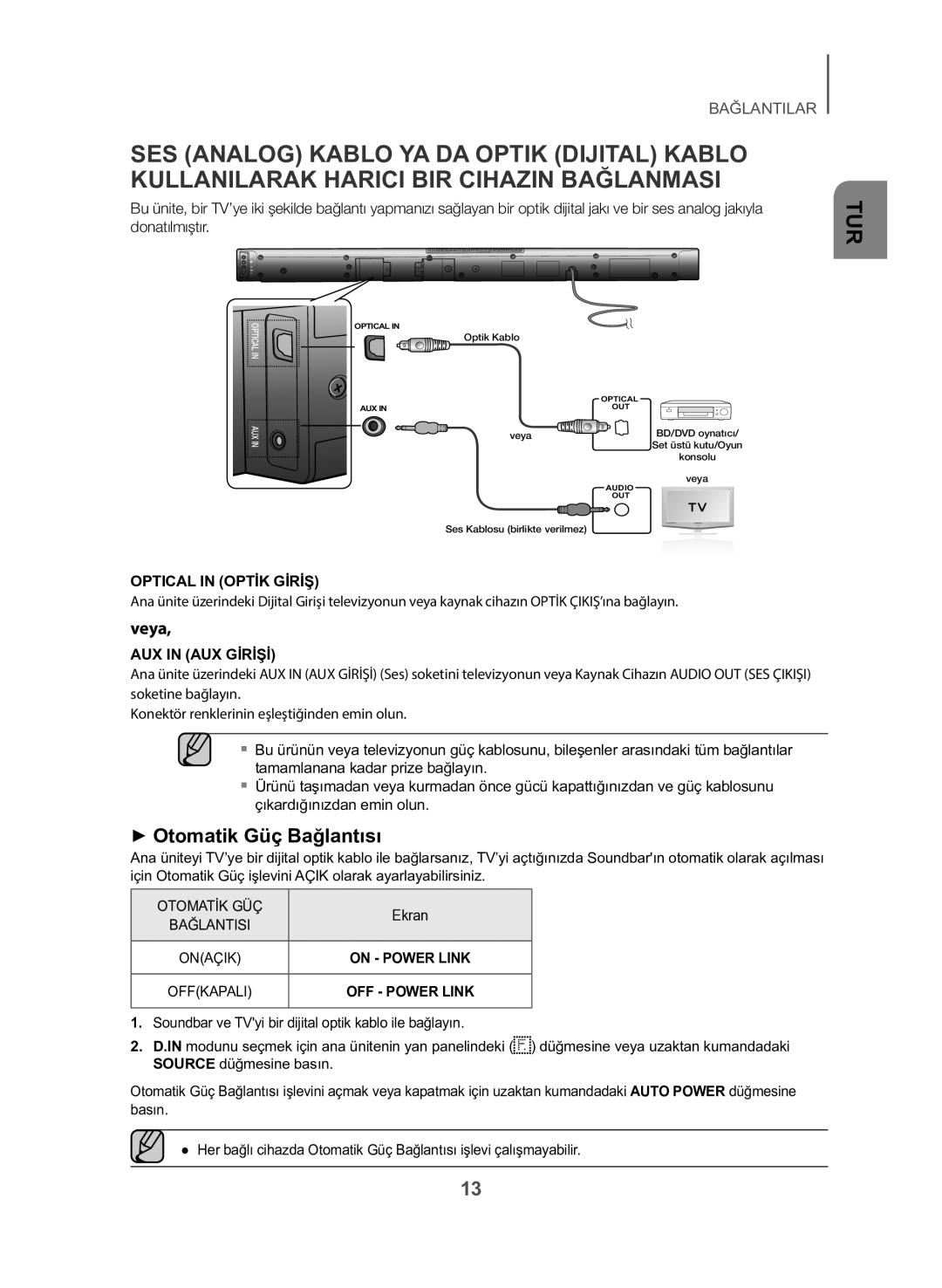 Samsung HW-J430/TK manual ++Otomatik Güç Bağlantısı, Optical in Optİk Gİrİş, AUX in AUX Gİrİşİ, Ekran 