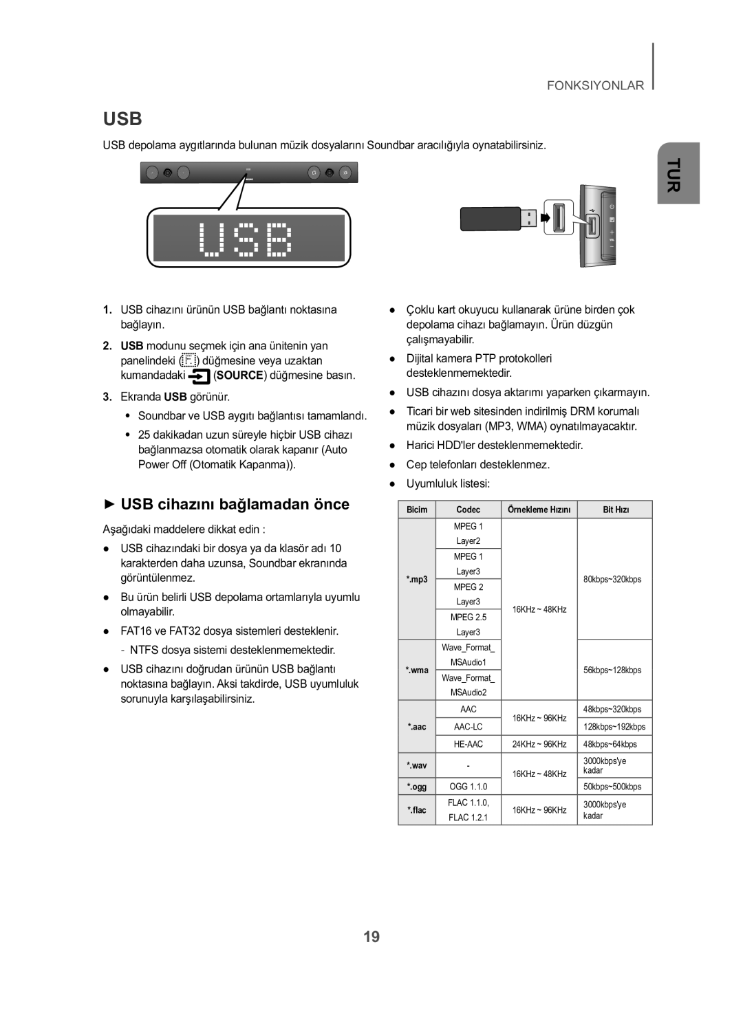 Samsung HW-J430/TK ++USB cihazını bağlamadan önce, USB cihazını ürünün USB bağlantı noktasına bağlayın, Uyumluluk listesi 