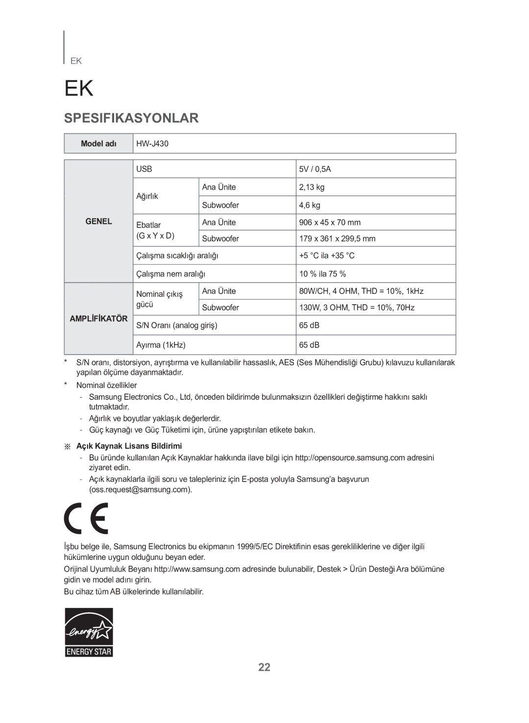 Samsung HW-J430/TK manual Spesifikasyonlar, Model adı, 5V / 0,5A, Ağırlık Ana Ünite 13 kg Subwoofer 