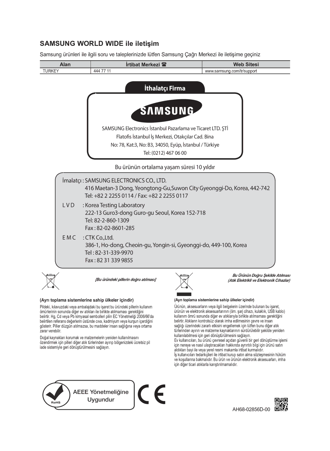 Samsung HW-J430/TK manual Samsung World Wide ile iletişim, Alan İrtibat Merkezi  Web Sitesi, AH68-02856D-00 