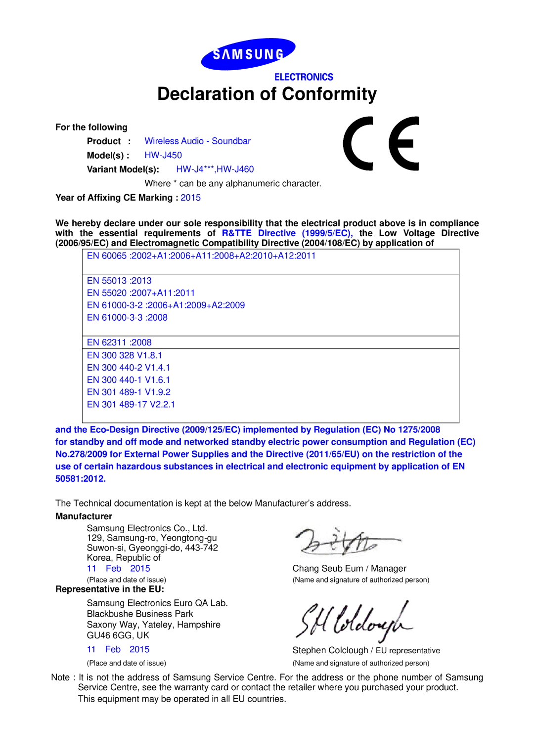 Samsung HW-J450/EN manual Declaration of Conformity, For the following, Models HW-J450 Variant Models HW-J4***,HW-J460 