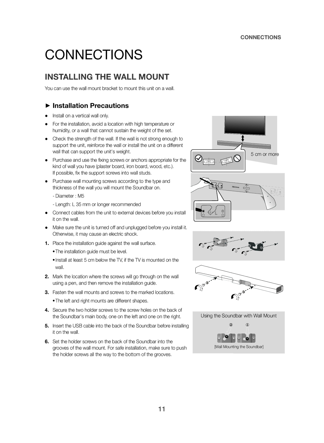 Samsung HW-J450/EN manual Connections, Installing the Wall Mount, ++Installation Precautions 