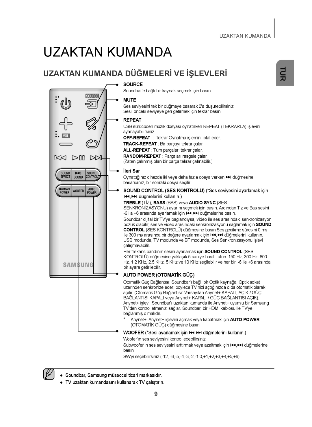 Samsung HW-J450/EN manual Uzaktan Kumanda Düğmeleri VE Işlevleri, İleri Sar 