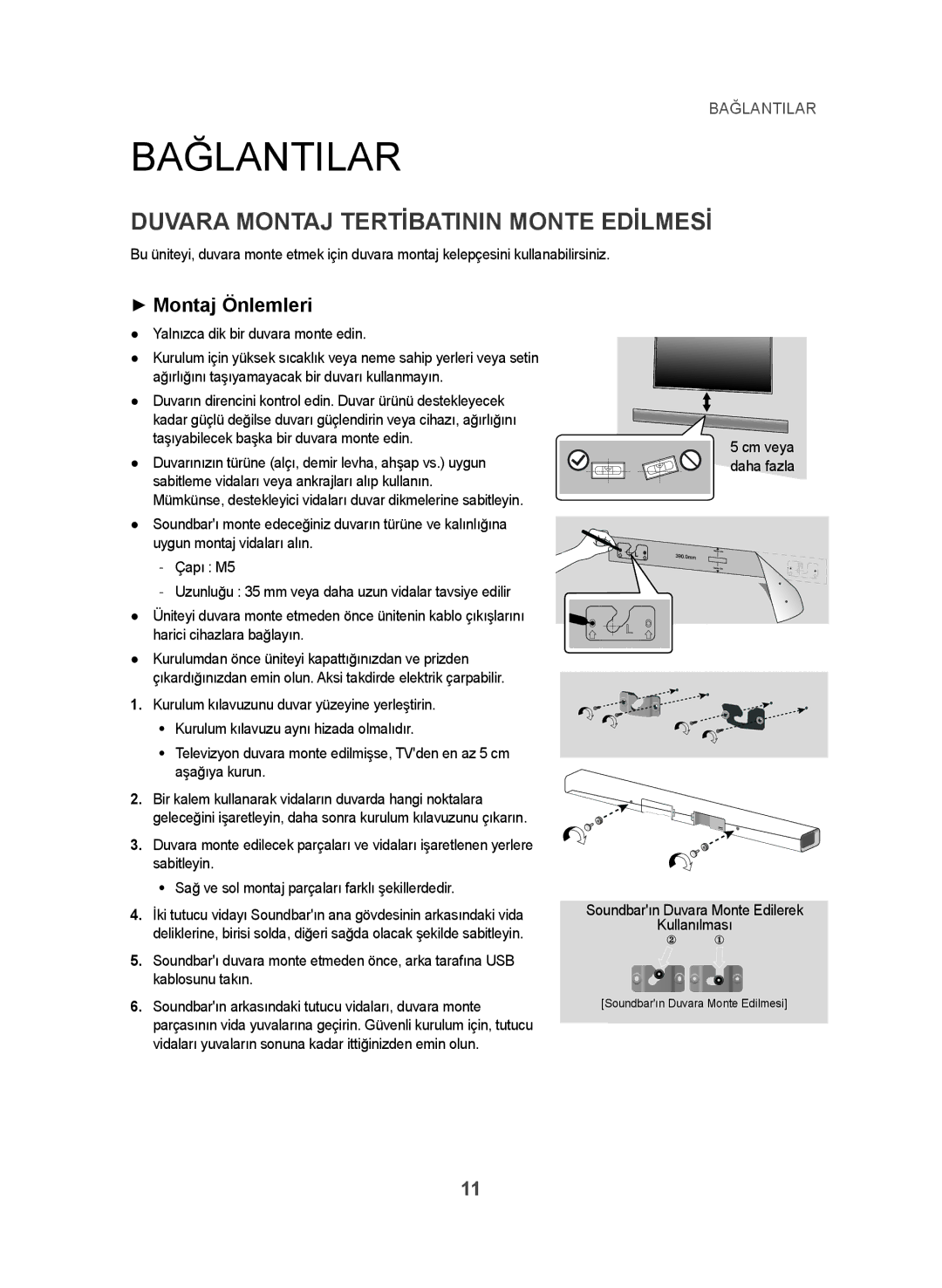 Samsung HW-J450/EN manual Bağlantilar, Duvara Montaj Tertibatinin Monte Edilmesi, ++Montaj Önlemleri 