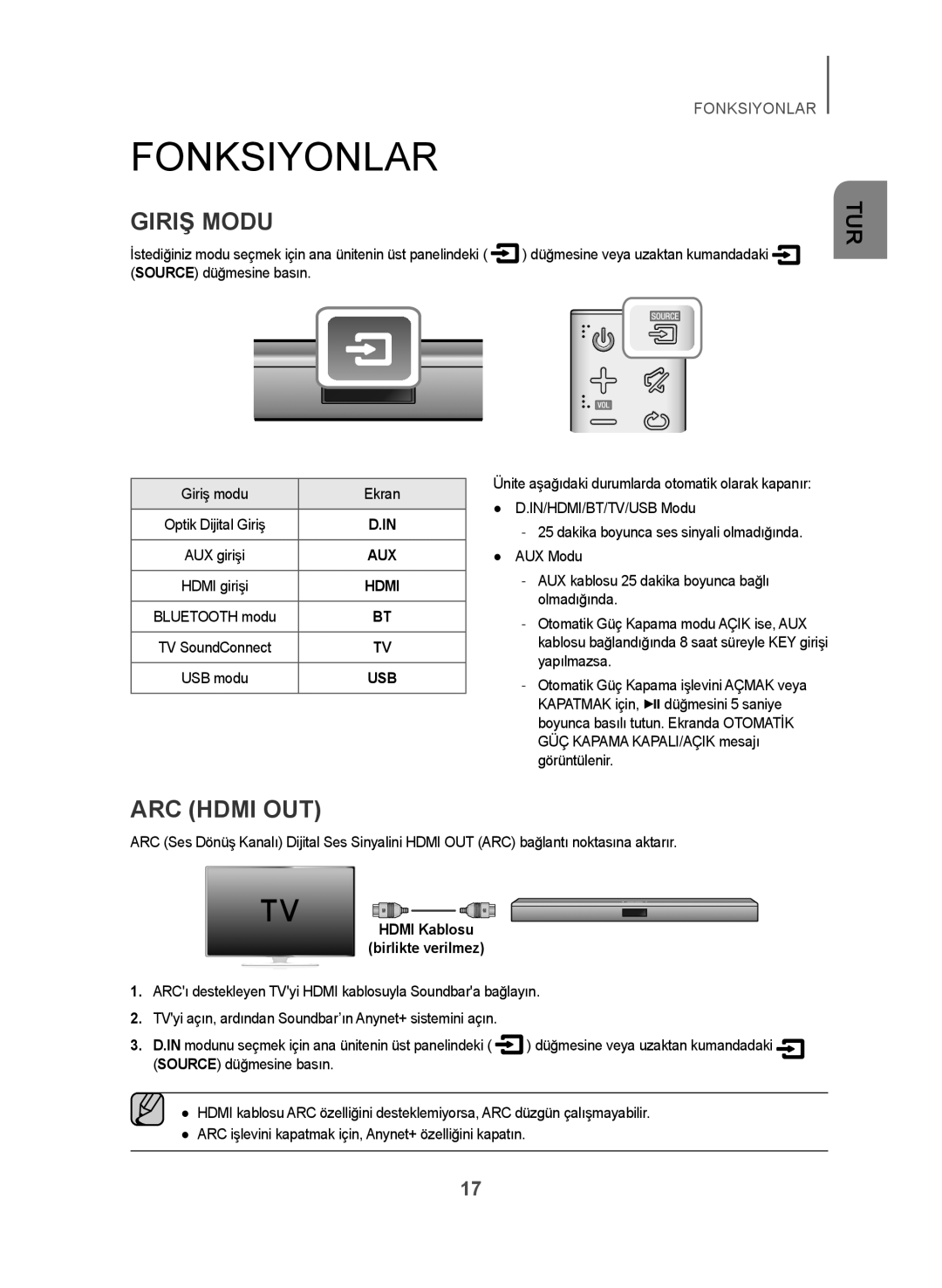 Samsung HW-J450/EN manual Fonksiyonlar, Giriş Modu, Giriş modu Ekran, Hdmi Kablosu Birlikte verilmez 