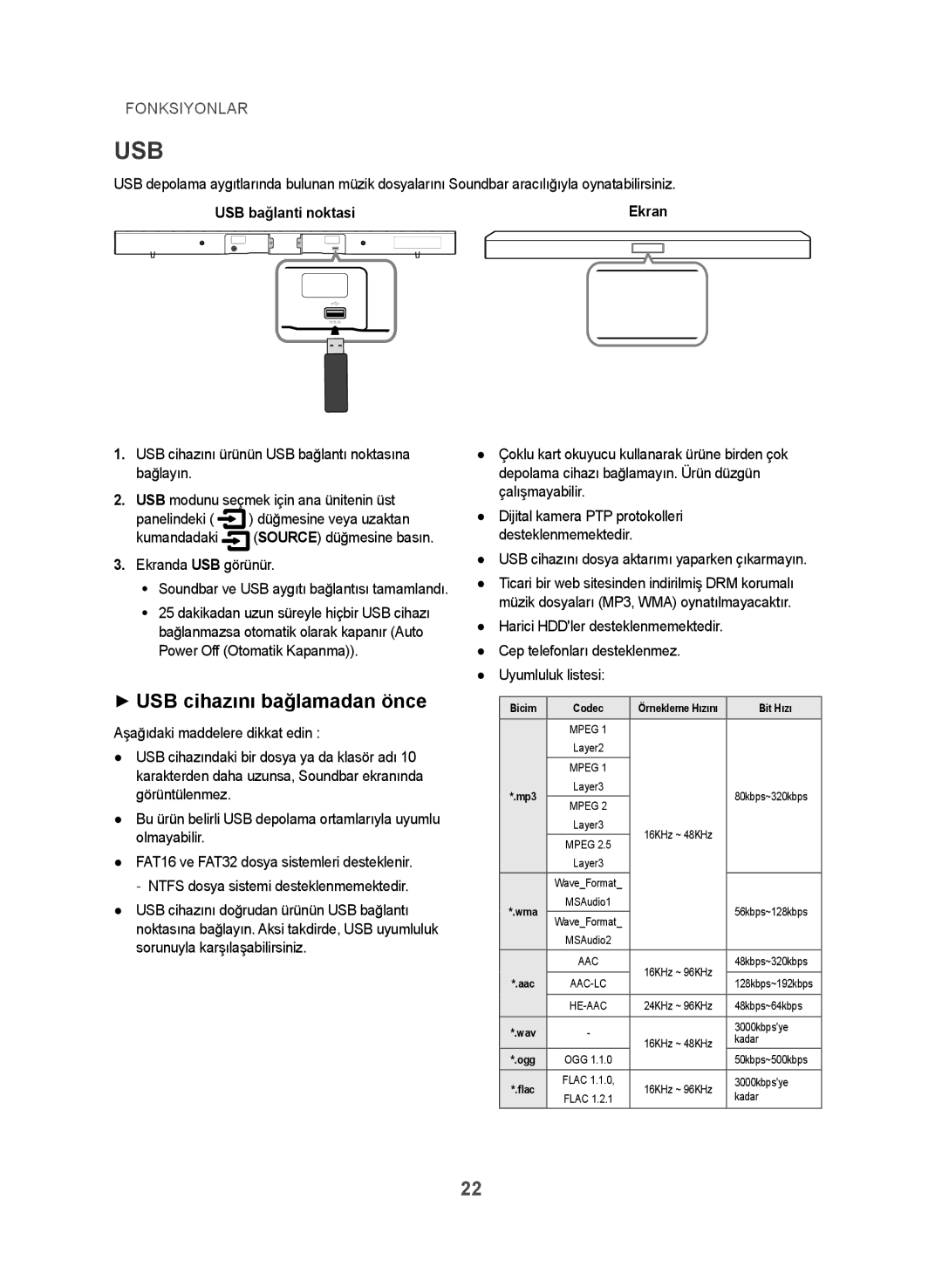 Samsung HW-J450/EN ++USB cihazını bağlamadan önce, USB bağlanti noktasi, USB cihazını dosya aktarımı yaparken çıkarmayın 