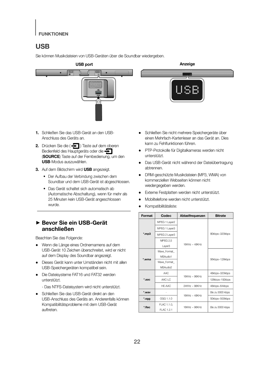 Samsung HW-J450/EN ++Bevor Sie ein USB-Gerät anschließen, Auf dem Bildschirm wird USB angezeigt, Beachten Sie das Folgende 