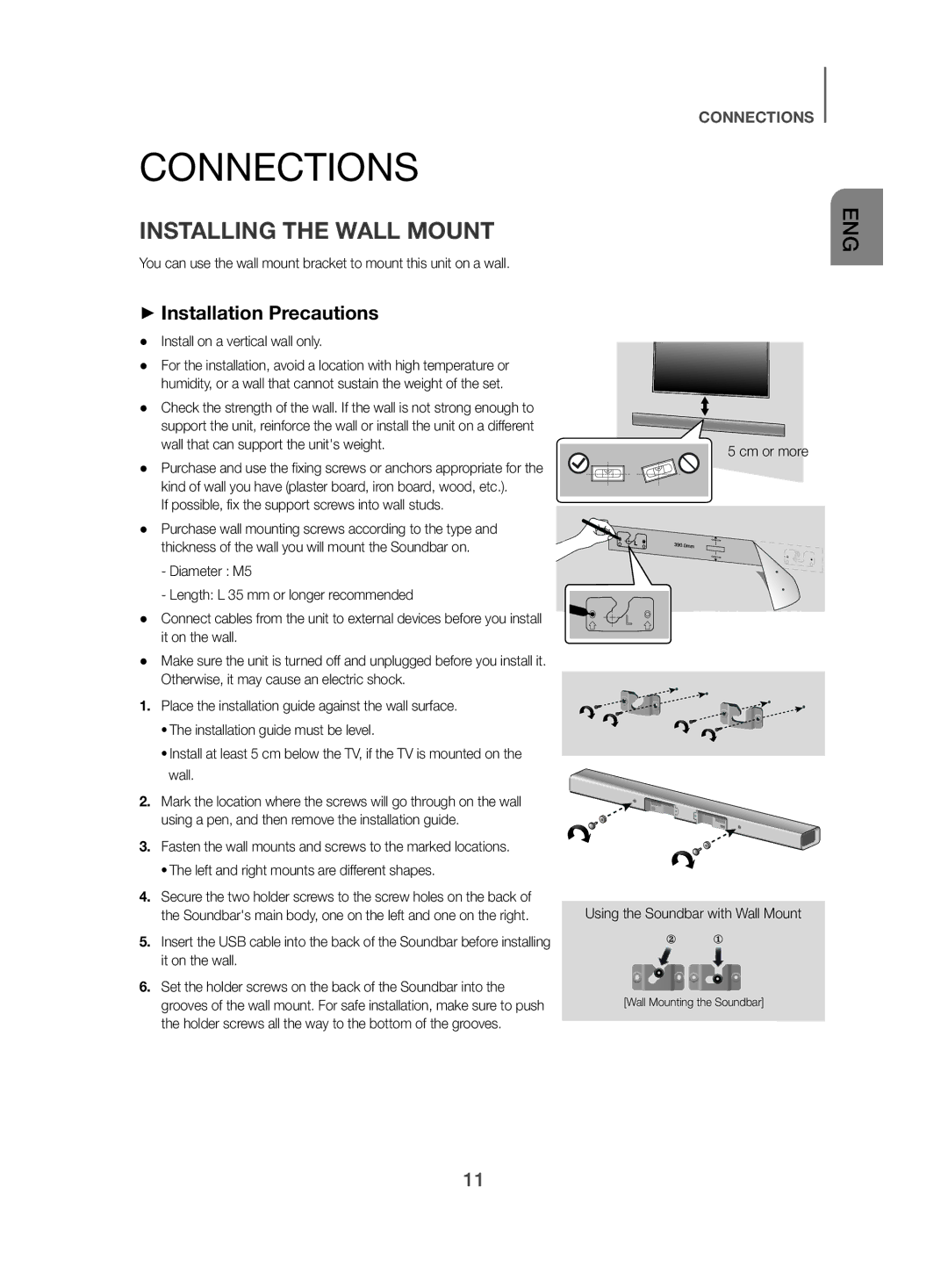 Samsung HW-J450/EN manual Connections, Installing the Wall Mount, ++Installation Precautions 