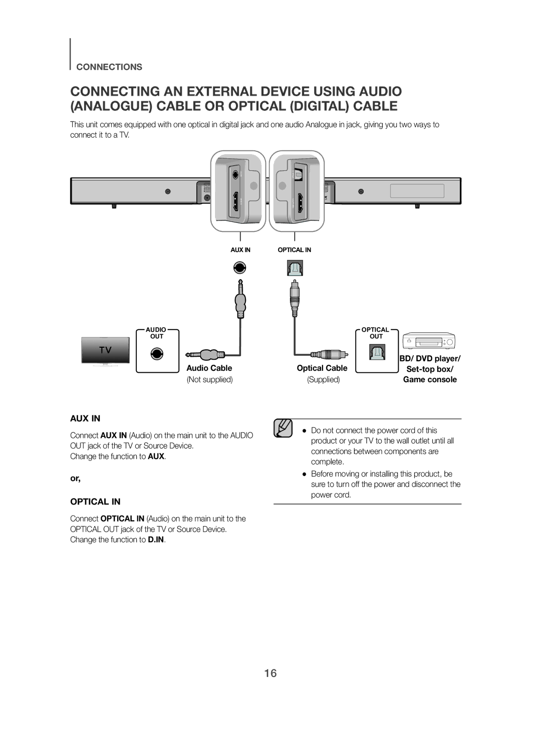 Samsung HW-J450/EN manual Audio Cable Optical Cable, Not supplied Supplied 