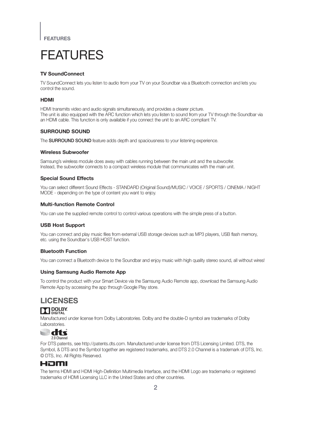 Samsung HW-J450/EN manual Features, Licenses 