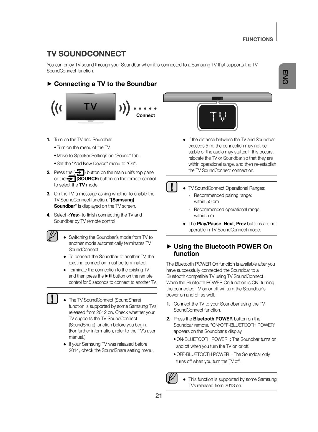 Samsung HW-J450/EN manual TV Soundconnect, ++Connecting a TV to the Soundbar, ++Using the Bluetooth Power On function 