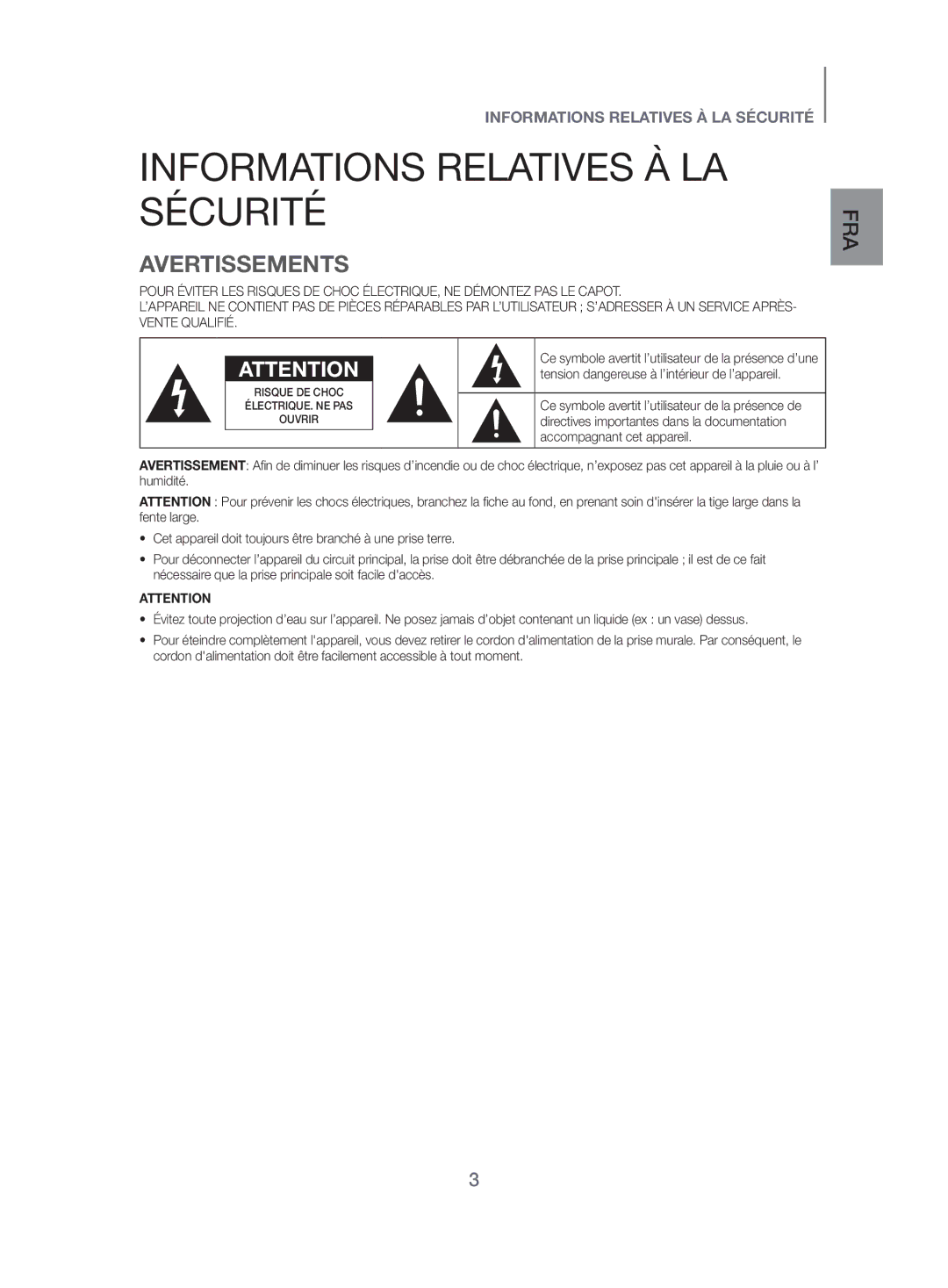 Samsung HW-J450/EN manual Informations Relatives À LA Sécurité, Avertissements 