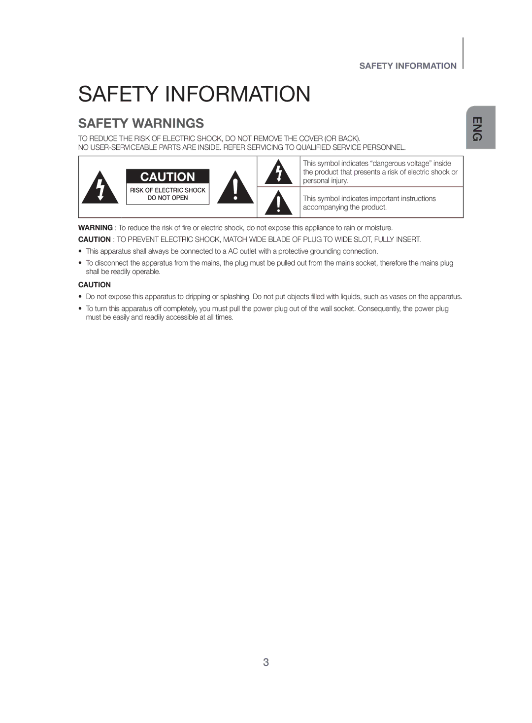 Samsung HW-J450/EN manual Safety Information, Safety Warnings 