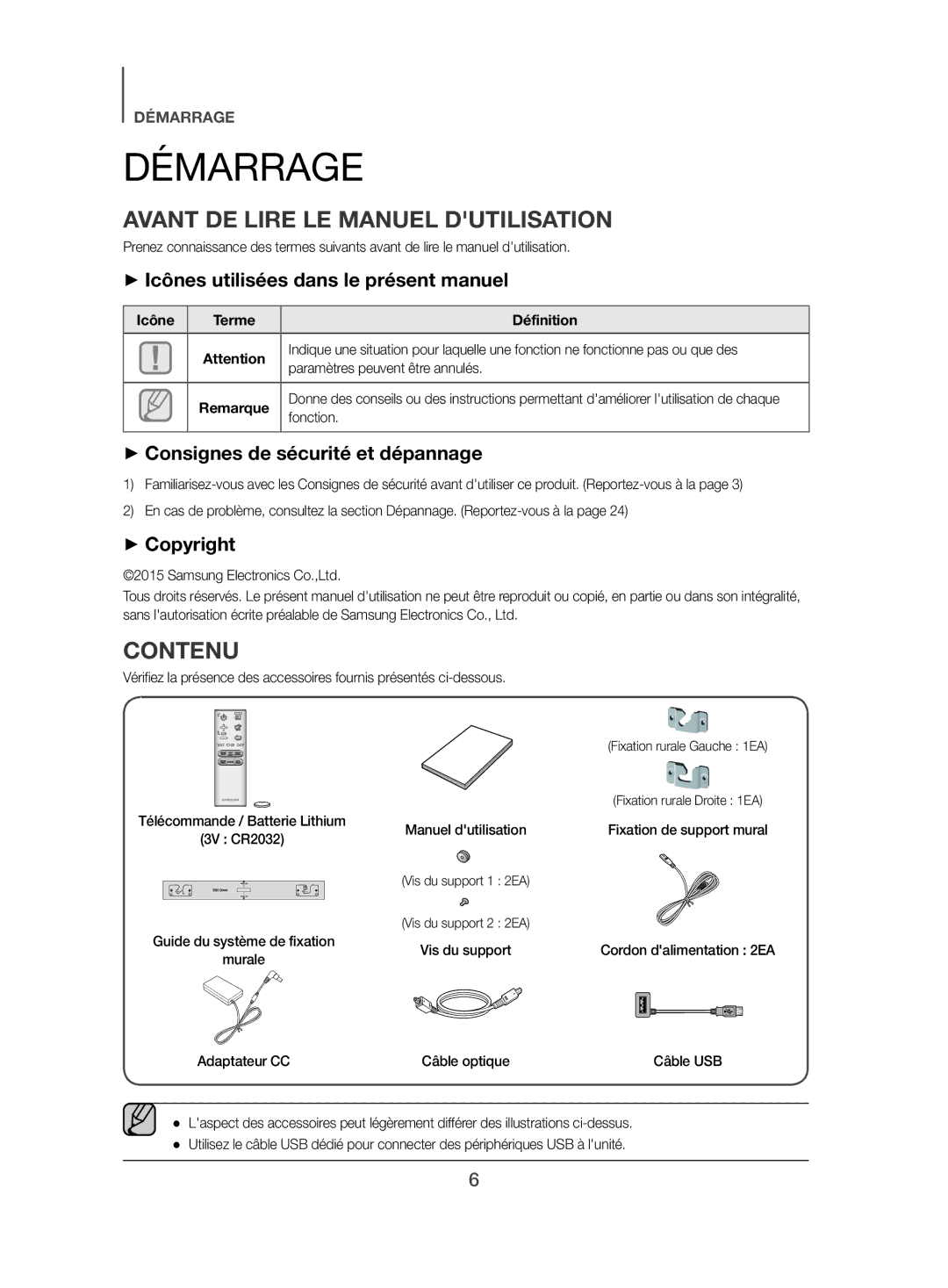 Samsung HW-J450/EN Démarrage, Avant DE Lire LE Manuel Dutilisation, Contenu, ++Icônes utilisées dans le présent manuel 