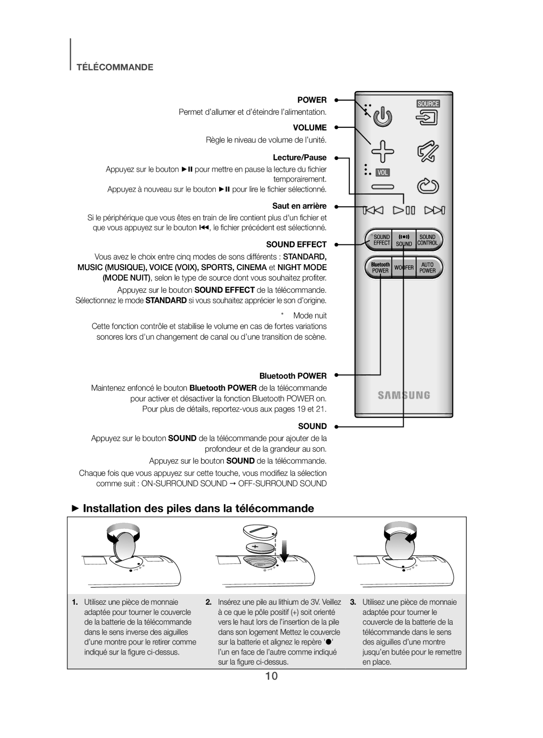 Samsung HW-J450/EN manual ++Installation des piles dans la télécommande, Lecture/Pause, Saut en arrière 