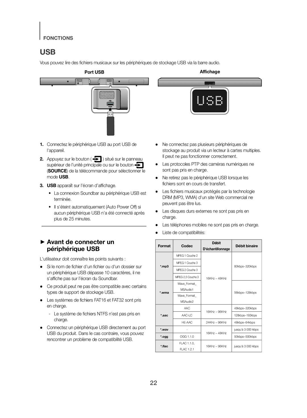 Samsung HW-J450/EN ++Avant de connecter un périphérique USB, Port USB, Lutilisateur doit connaître les points suivants 