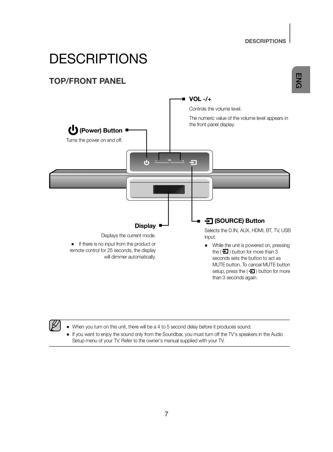 Samsung HW-J450/EN manual Descriptions, TOP/FRONT Panel, Turns the power on and off, Displays the current mode 