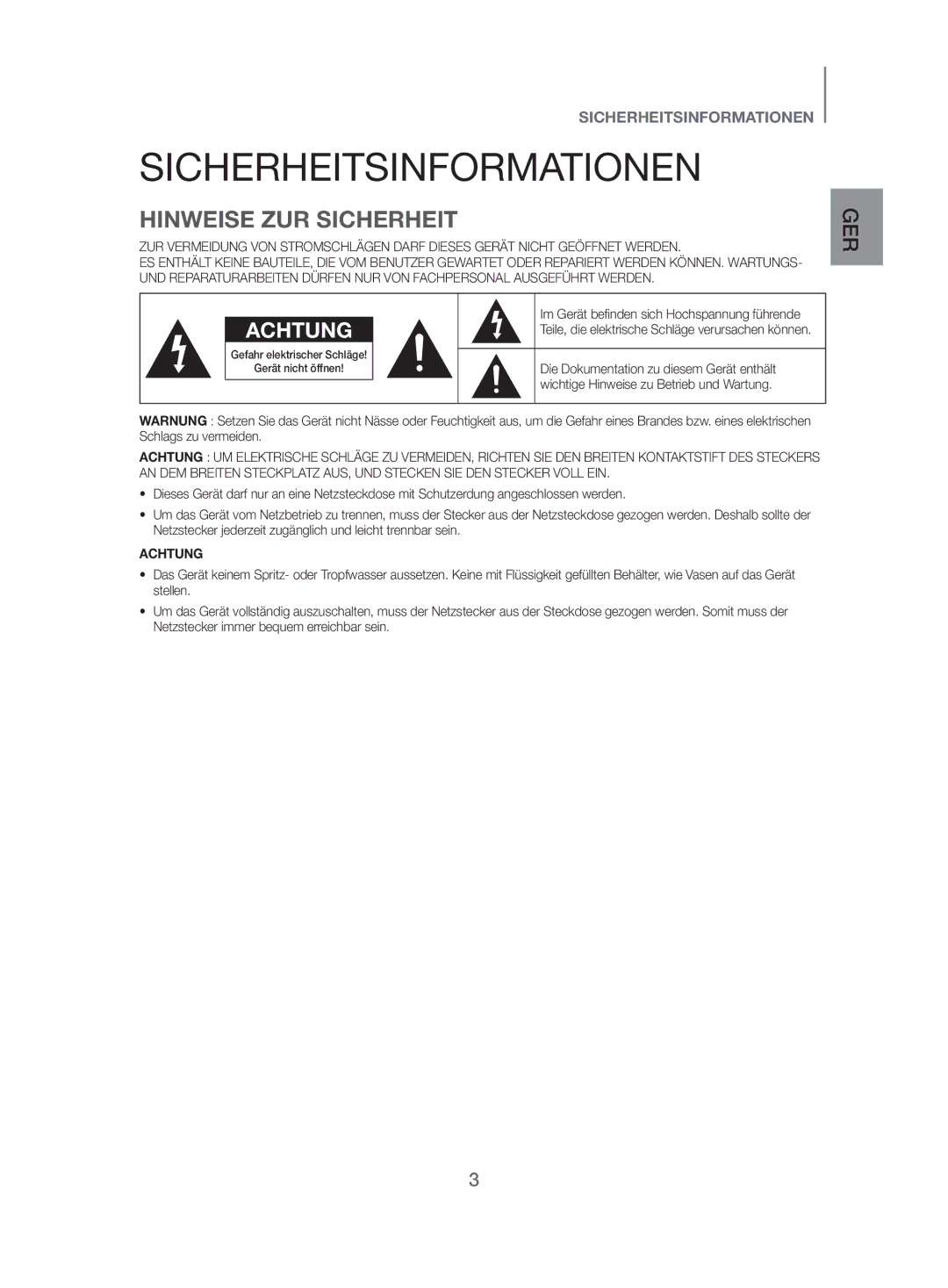 Samsung HW-J450/EN manual Sicherheitsinformationen, Hinweise ZUR Sicherheit 