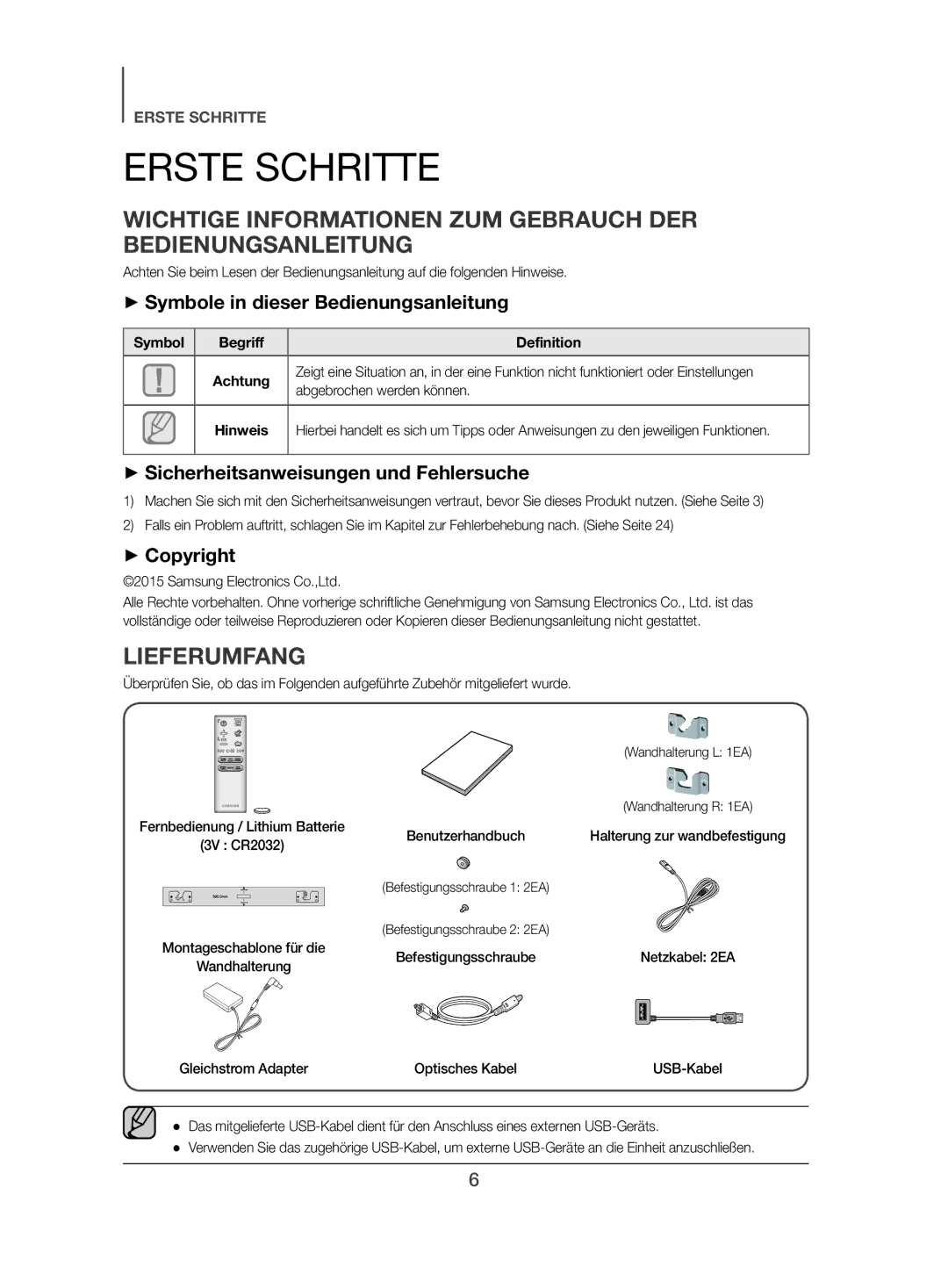 Samsung HW-J450/EN manual Erste Schritte, Wichtige Informationen ZUM Gebrauch DER Bedienungsanleitung, Lieferumfang 