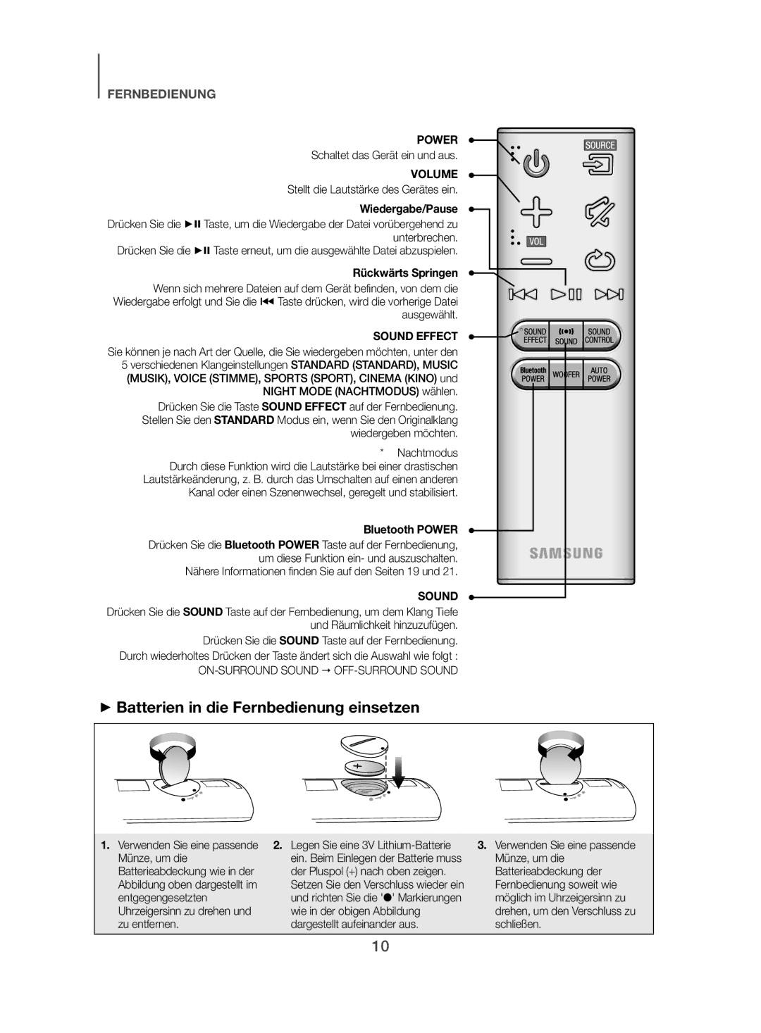 Samsung HW-J450/EN manual ++Batterien in die Fernbedienung einsetzen, Wiedergabe/Pause, Rückwärts Springen 