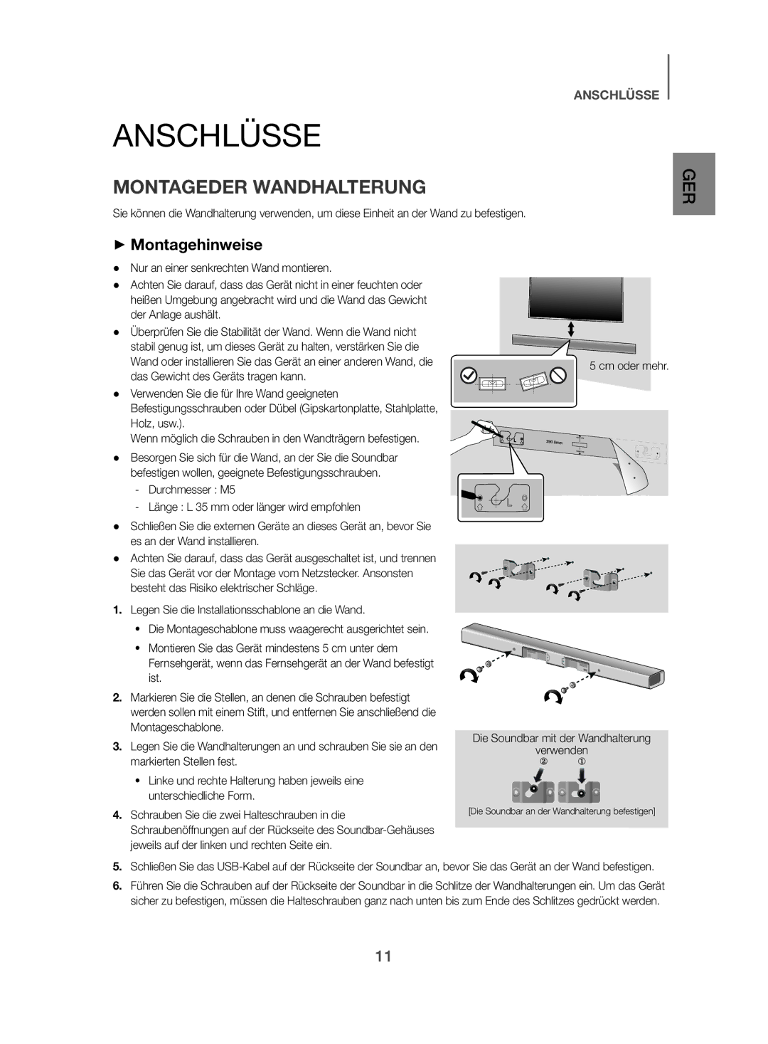 Samsung HW-J450/EN manual Anschlüsse, Montageder Wandhalterung, ++Montagehinweise 