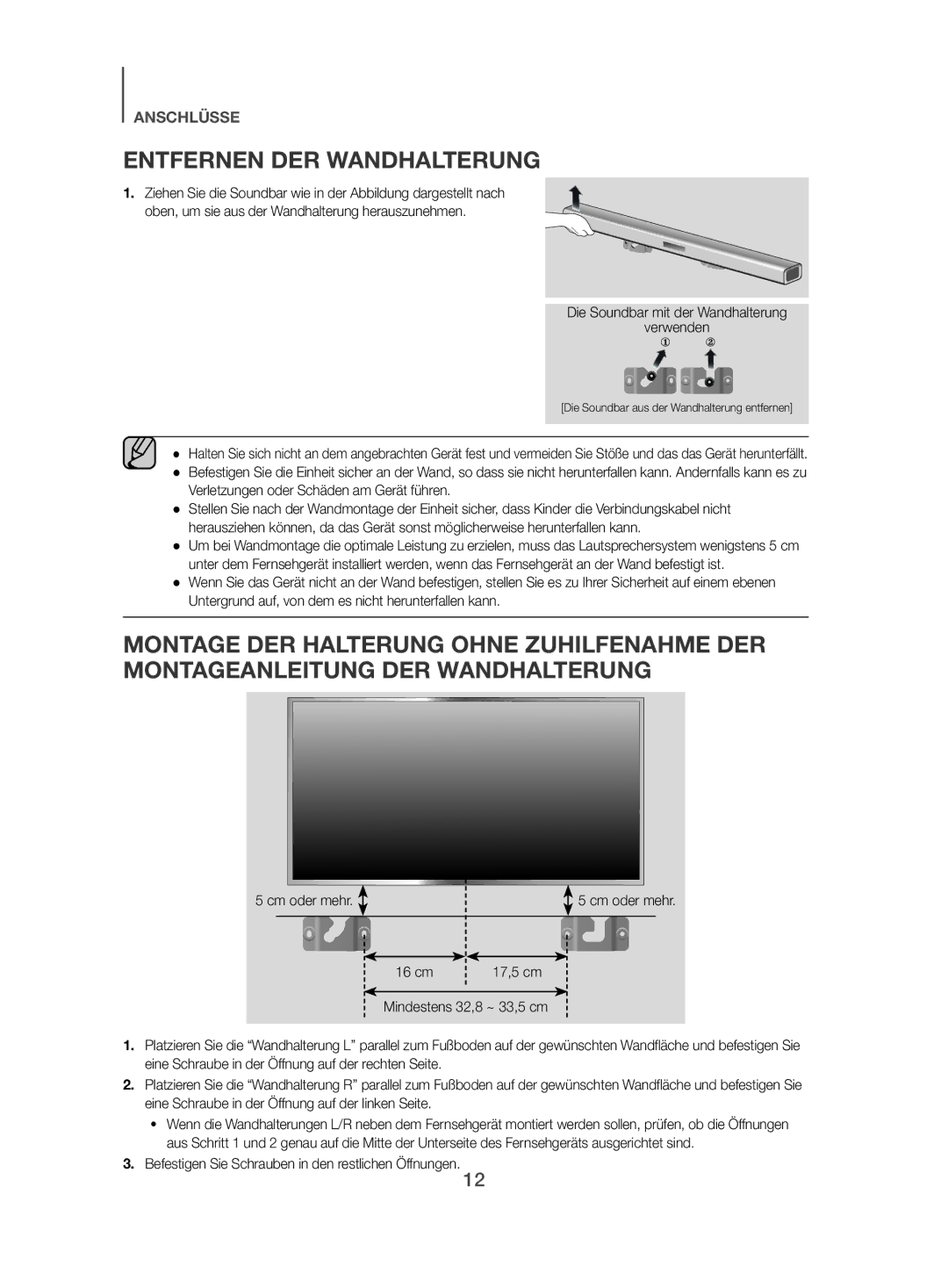 Samsung HW-J450/EN manual Entfernen DER Wandhalterung, Die Soundbar mit der Wandhalterung Verwenden 