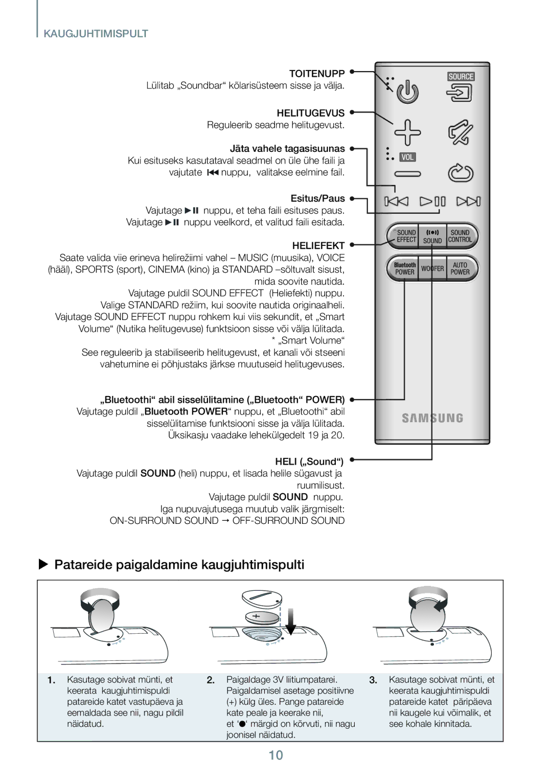 Samsung HW-J450/EN manual  Patareide paigaldamine kaugjuhtimispulti, Toitenupp, Helitugevus, Heliefekt 