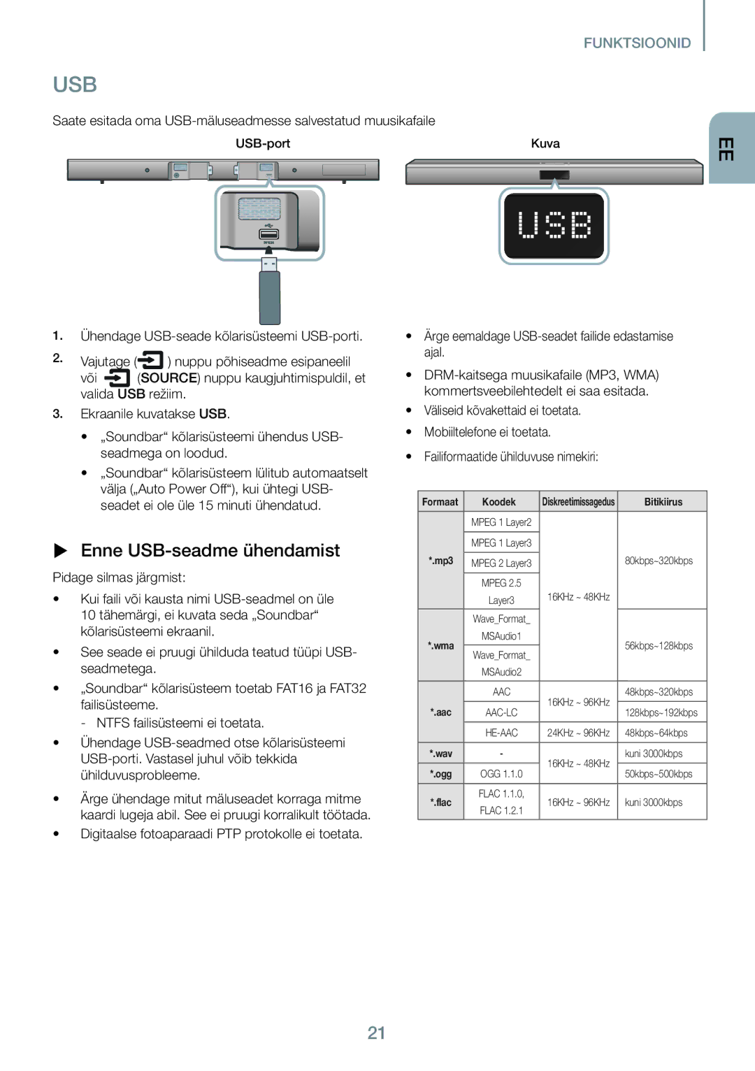 Samsung HW-J450/EN manual Usb,  Enne USB-seadme ühendamist 