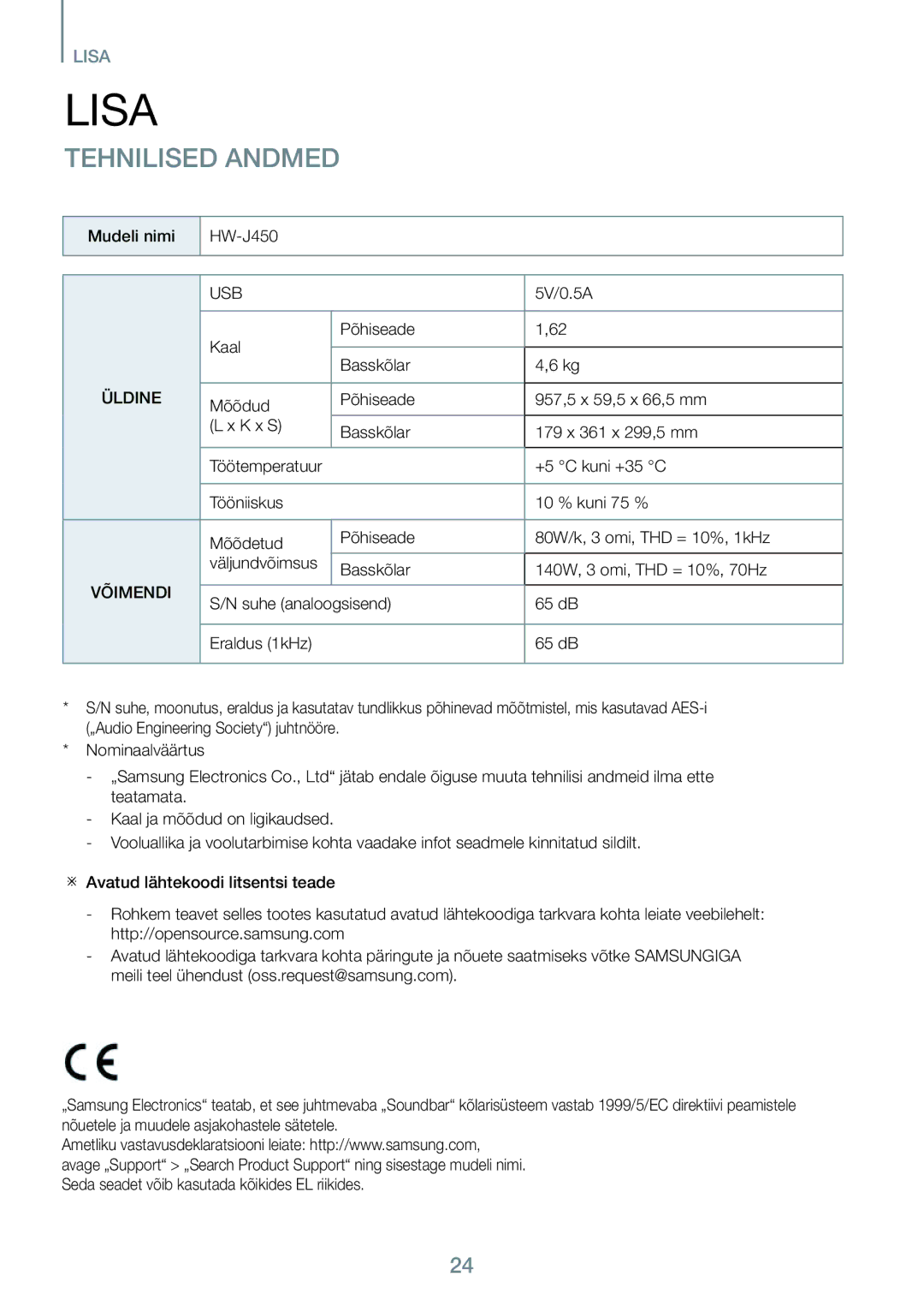 Samsung HW-J450/EN manual Lisa, Tehnilised Andmed, Üldine, Võimendi 