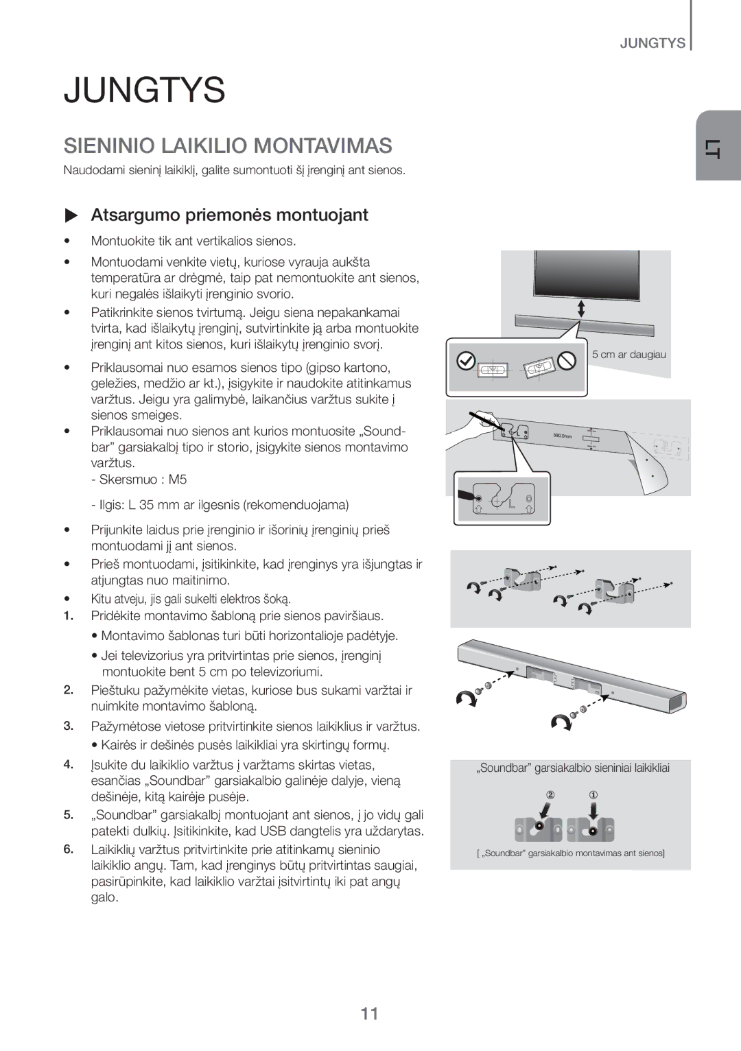 Samsung HW-J450/EN manual Jungtys, Sieninio Laikilio Montavimas,  Atsargumo priemonės montuojant 