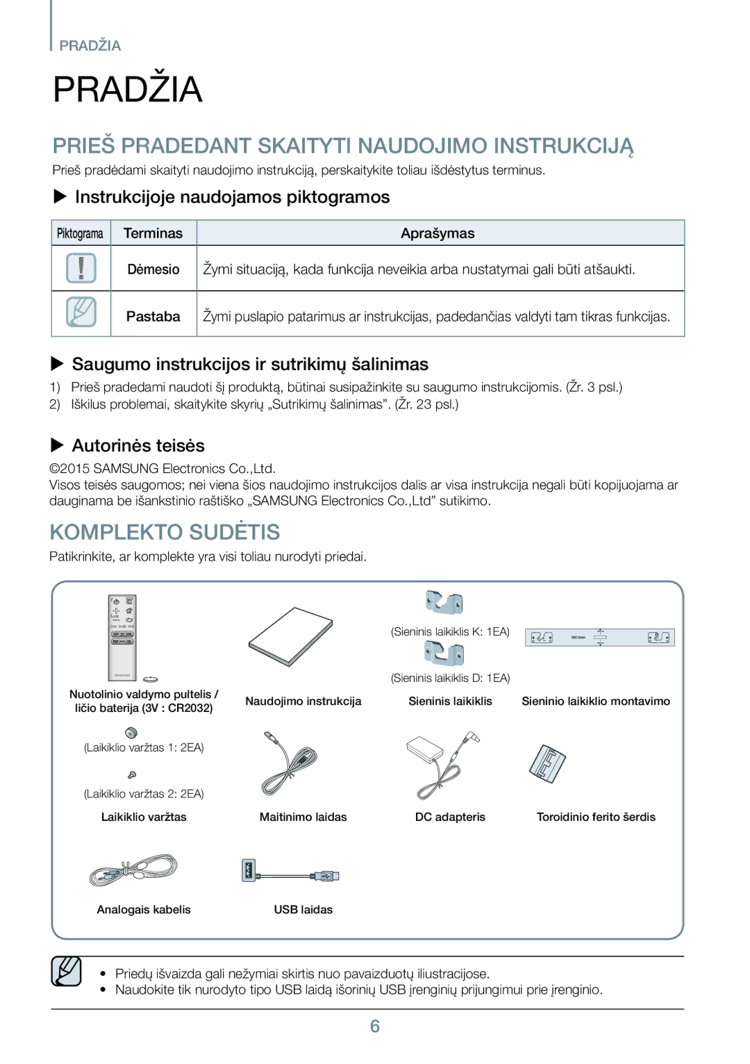 Samsung HW-J450/EN manual Pradžia, Prieš Pradedant Skaityti Naudojimo Instrukciją, Komplekto Sudėtis 