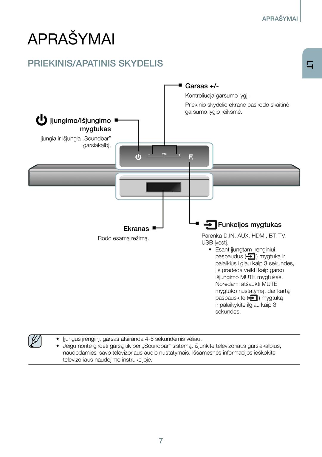 Samsung HW-J450/EN manual Aprašymai, PRIEKINIS/APATINIS Skydelis 