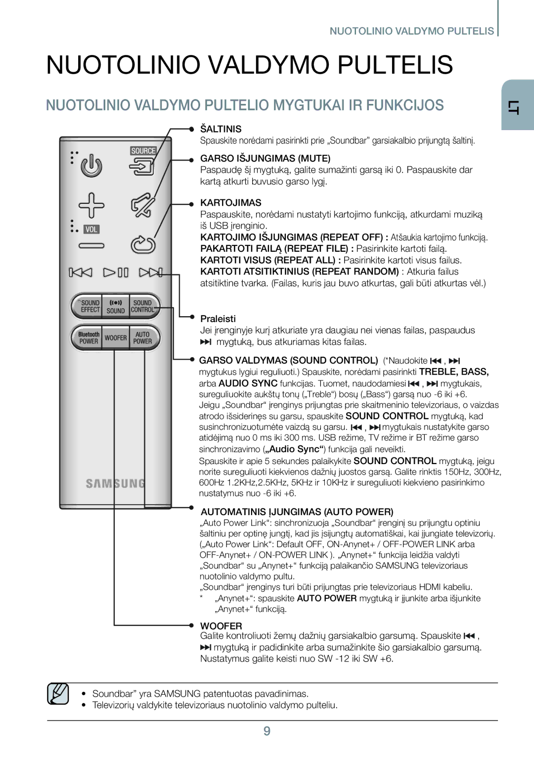 Samsung HW-J450/EN manual Nuotolinio Valdymo Pultelis, Nuotolinio Valdymo Pultelio Mygtukai IR Funkcijos 