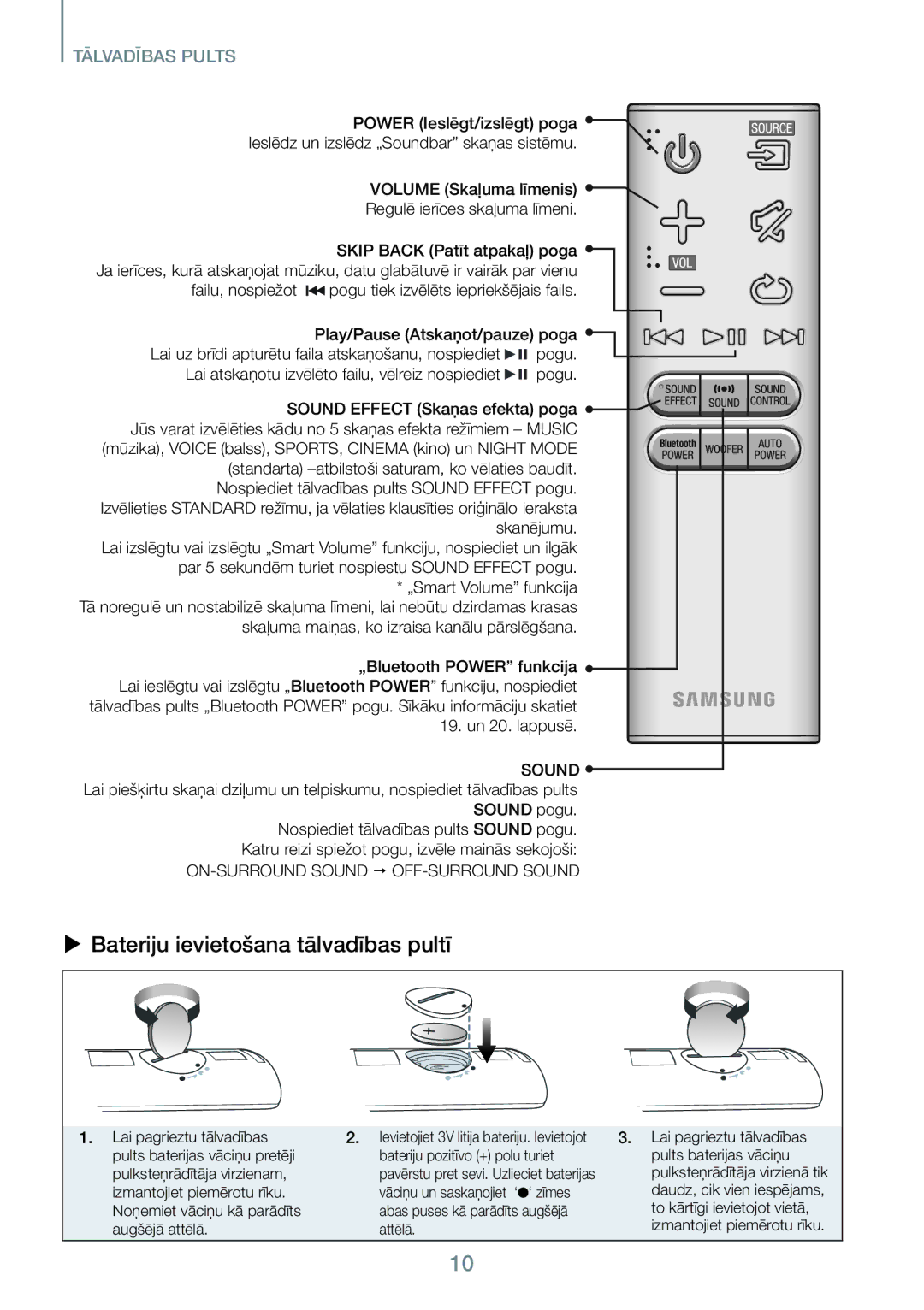 Samsung HW-J450/EN manual  Bateriju ievietošana tālvadības pultī, Play/Pause Atskaņot/pauze poga 